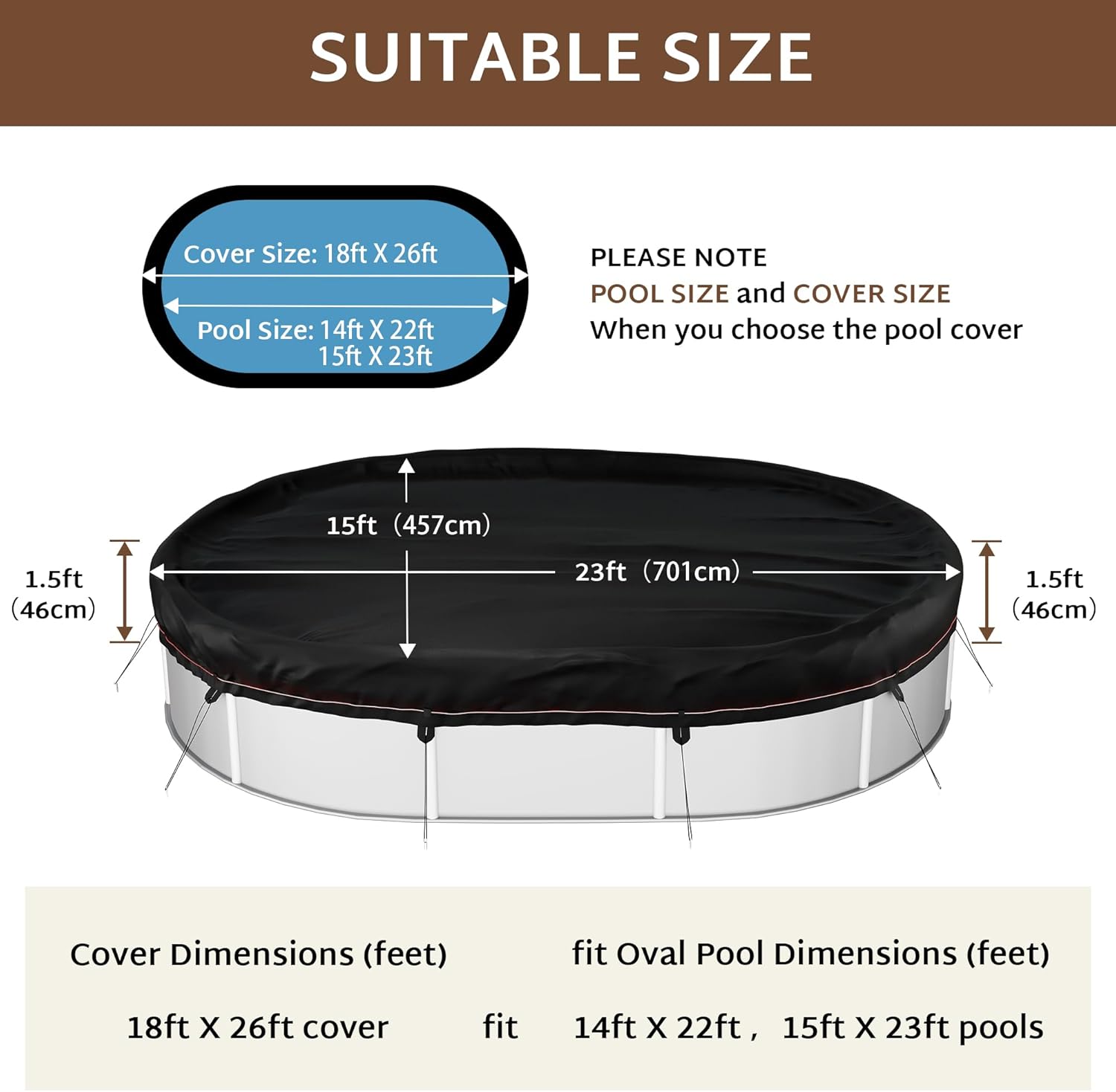 iBirdie Winter Pool Cover fit 14' x 22', 15' x 23' Above Ground Oval Pools, Fade-Resistant Tear-Resistant Waterproof and Weatherproof for Outdoor Protection, Black, Fabric 500D