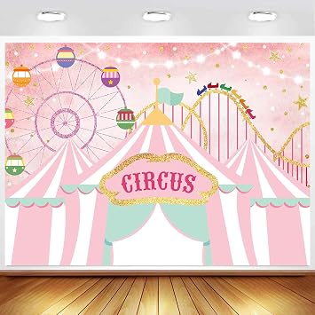 Withu Pink Circus Tent Backdrop Gold Stars Amusement Park Carnival Carousel Kids Boy Girl 1st First One Birthday Newborn Baby Shower Party Photoshoot Background Curtain Banner 6x4ft