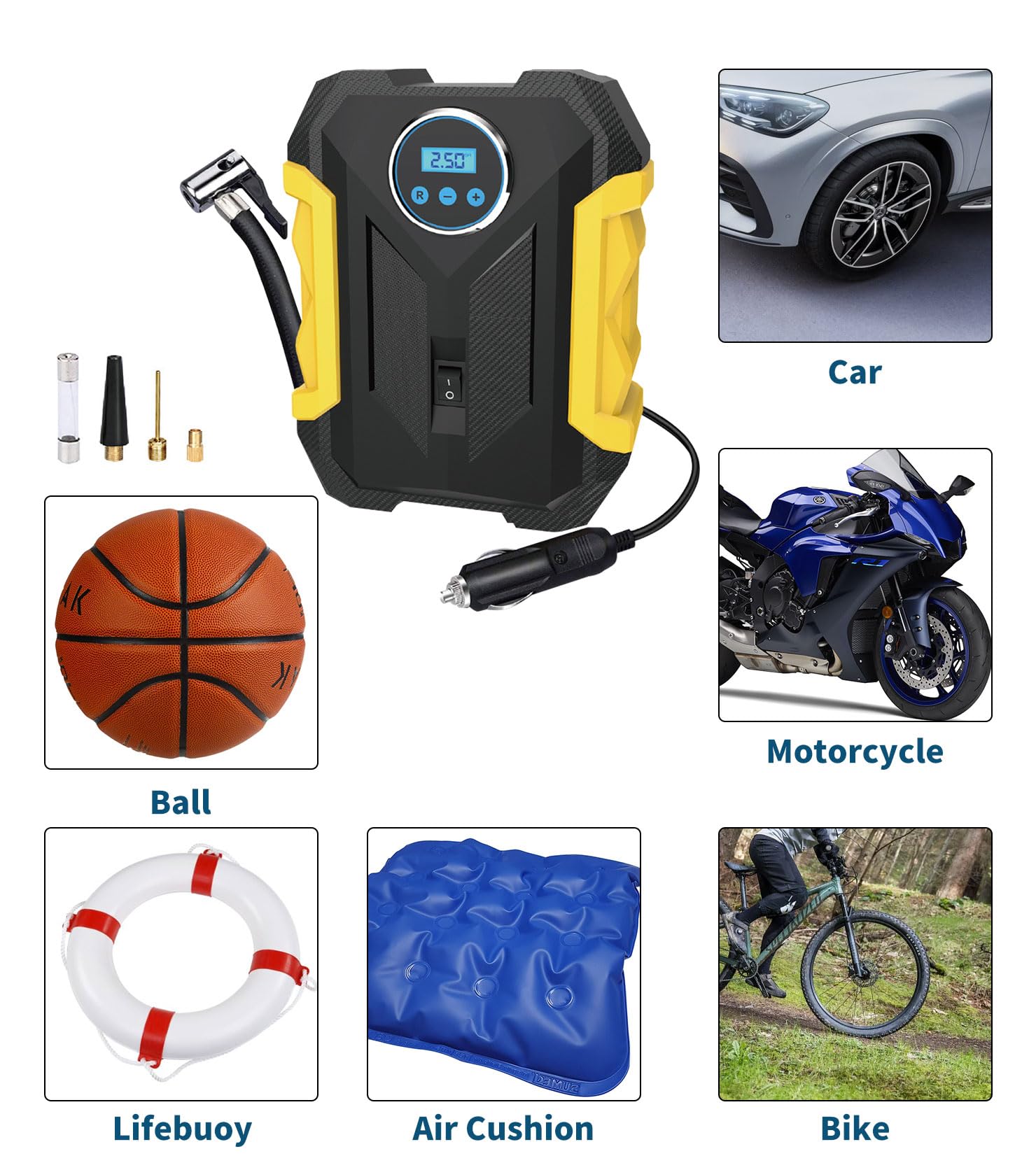 Tragbarer Kompressor Autoreifen,Kompressor Fahrrad,12V Luftkompressor  Autoreifen Pumpe und Fahrradpumpe Elektrisch mit LED-Licht-Pumpe fr  Auto,Motorrad,Fahrrder,Blle,Luftkissen Geschenke fr Mnner : Amazon.de:  Auto & Motorrad