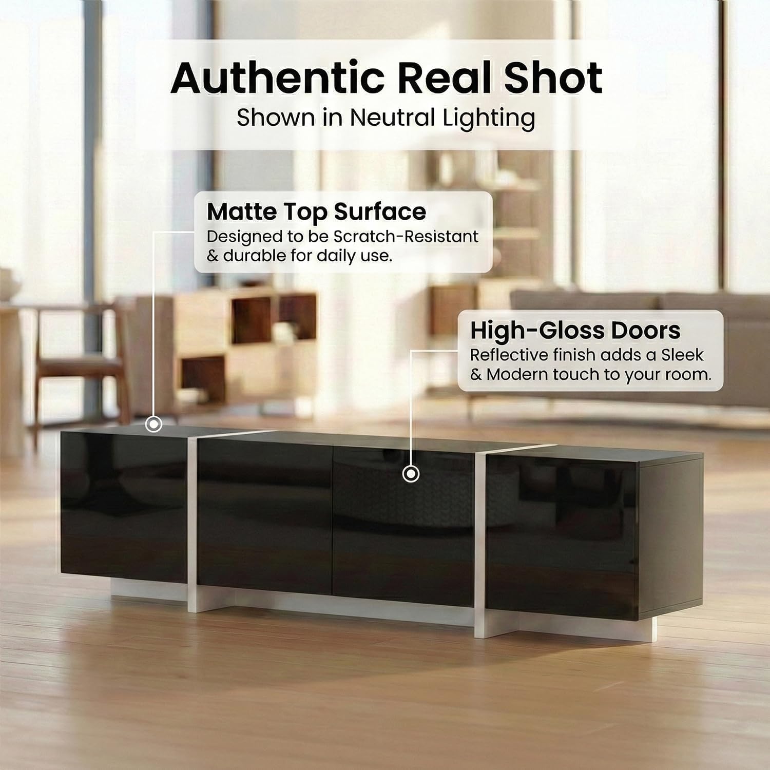 holzart 67" Modern Black TV Stand up to 70 Inch TV, Media Console with High Gloss Doors & Scratch-Resistant Matte Top, Entertainment Center with Cable Management & Storage Cabinet for Living Room