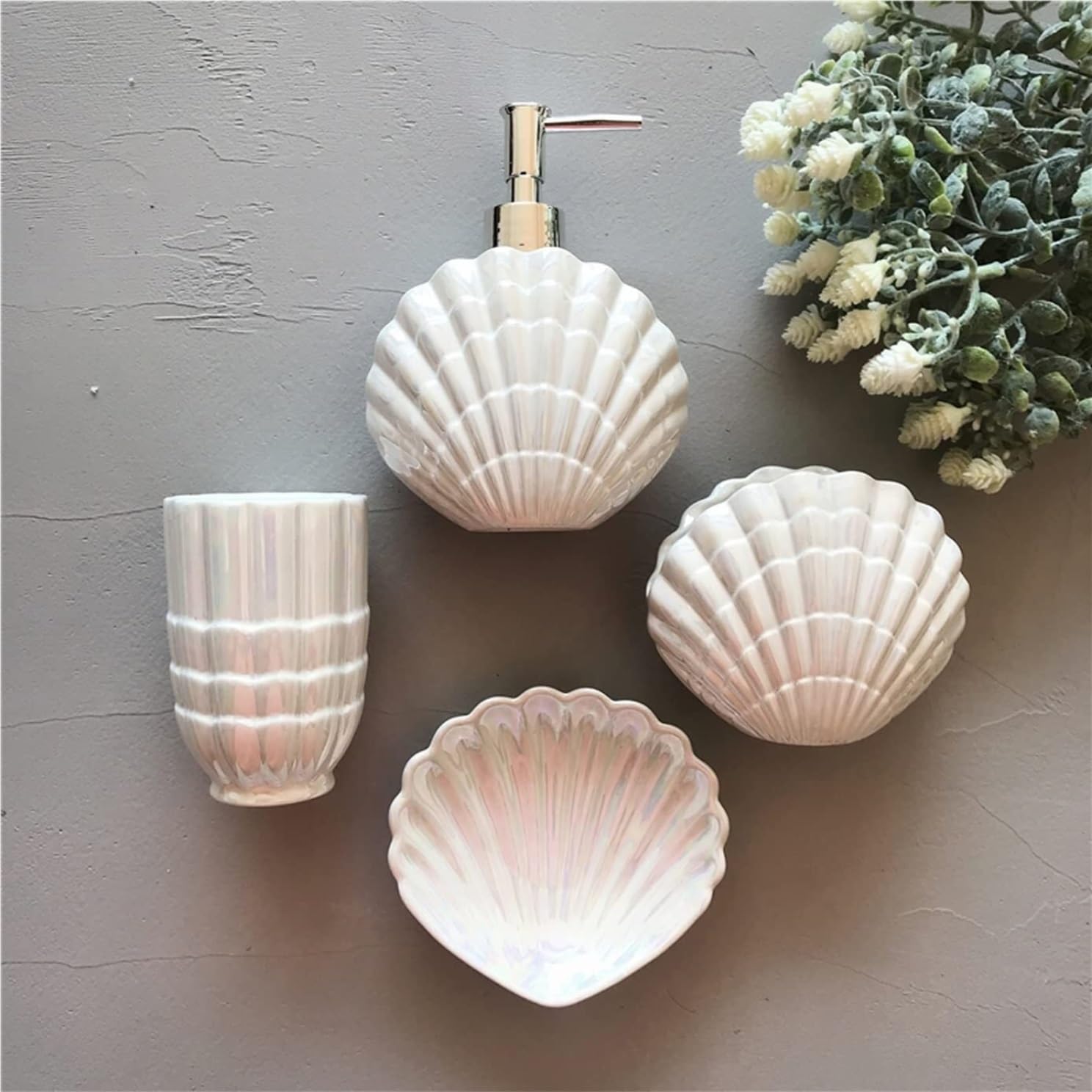 Badezimmer Set 5er-Pack Muschelförmige Badezimmer-Accessoires-Set Aus Keramik Für Badezimmer, Waschtischplatte Mit Lotionspender Dekoration Organizer