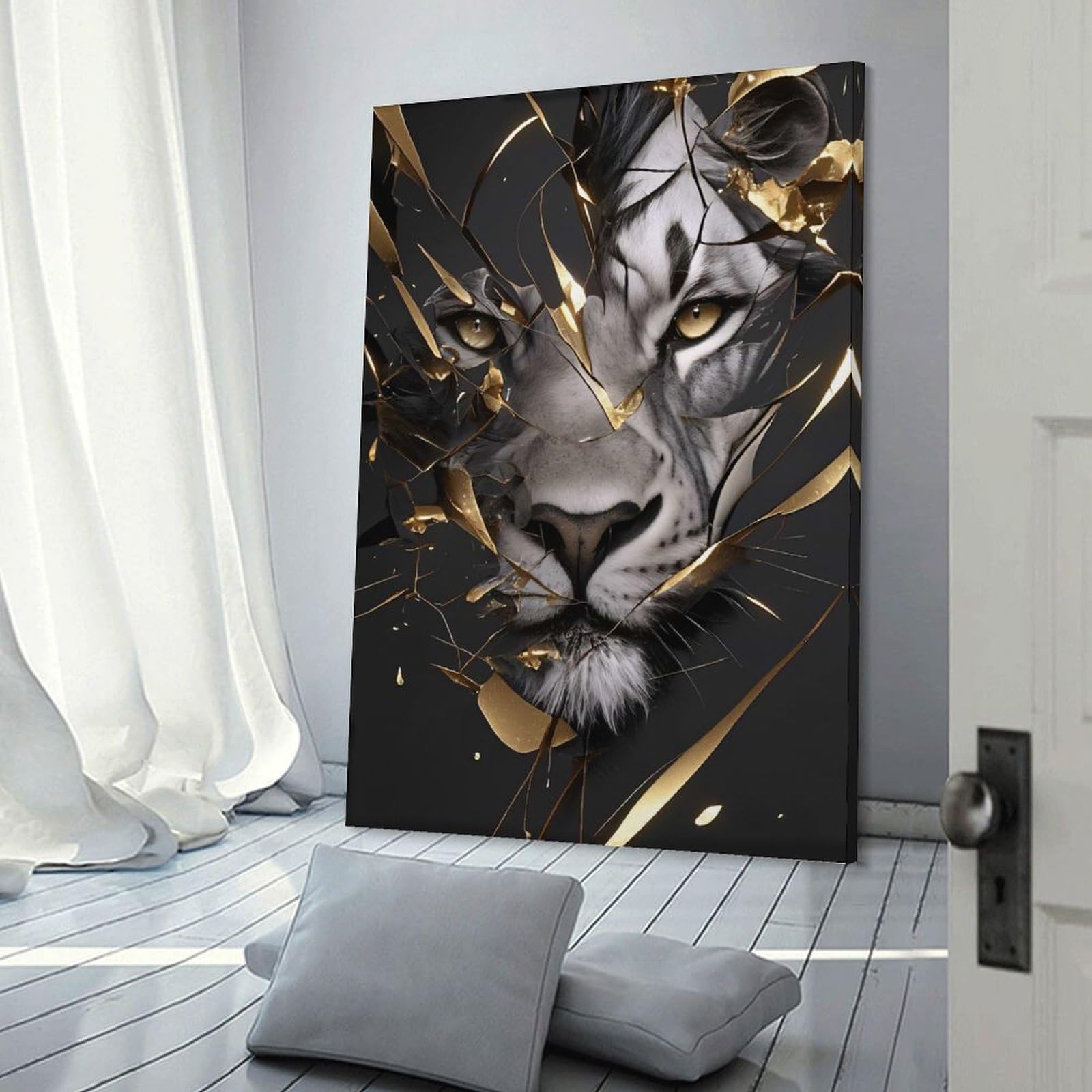 Junmoney Tiger Portrait with Golden Shattered Glass Canvas Wall Decor, 24x36inch(60x90cm), for Gallery Wall Decor And Room Displays, Wall Decor Suited to Curated Displays