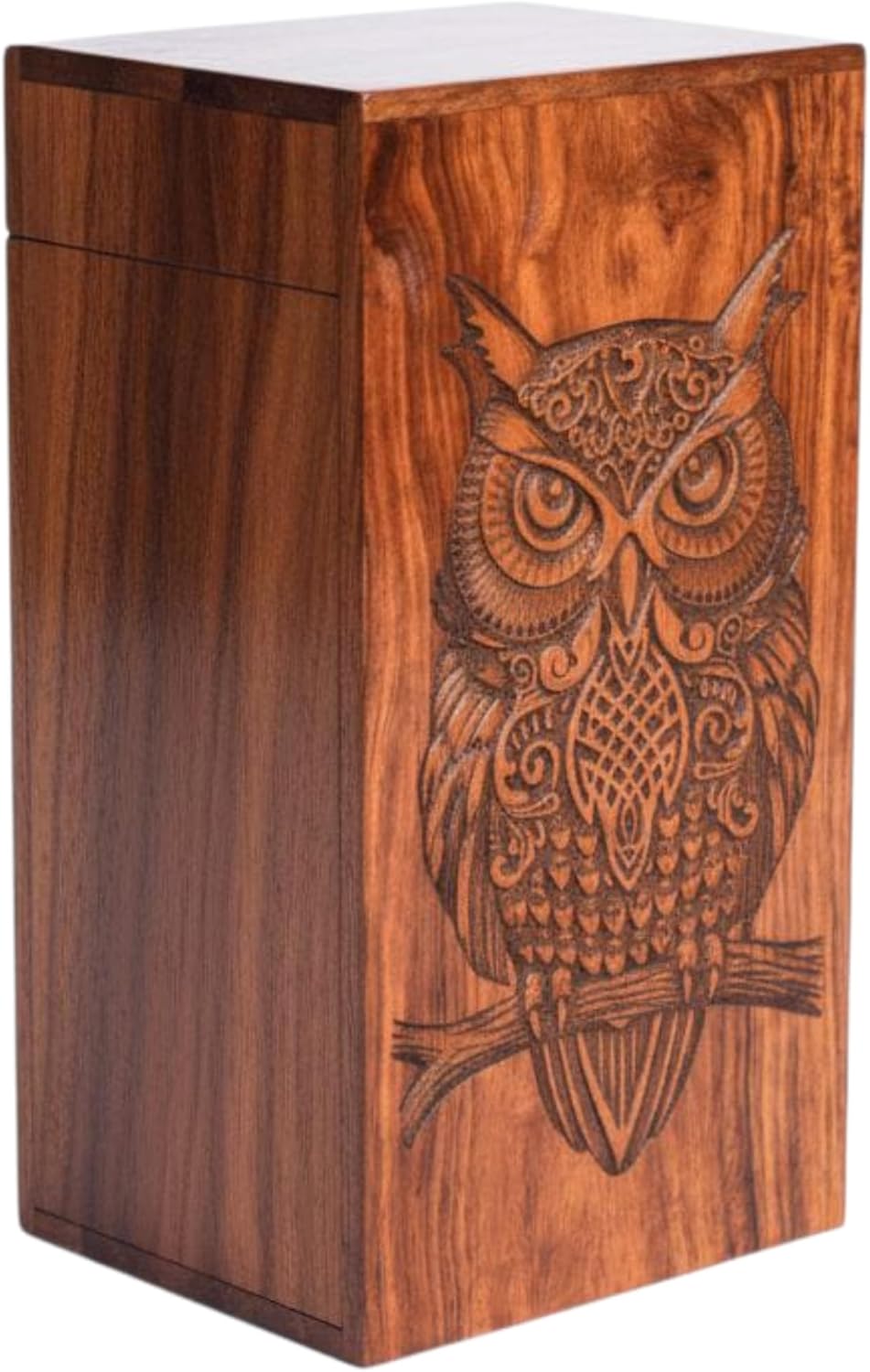 Handcrafted Wooden Owl Urn for Human Ashes | Sheesham Wood Cremation Urn with Owl Carving | Wisdom & Strength Symbol Memorial Box | Handmade Funeral Urn (Medium: 4.7" (L) x 4.7" (W) x 8" (H))