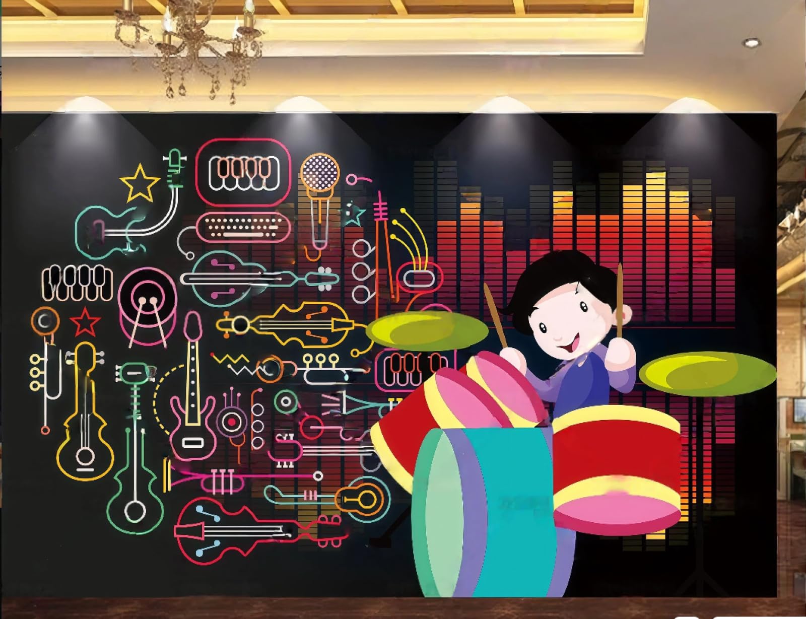 Papier peint noir mural café instrument de musique dessin animé 150x105