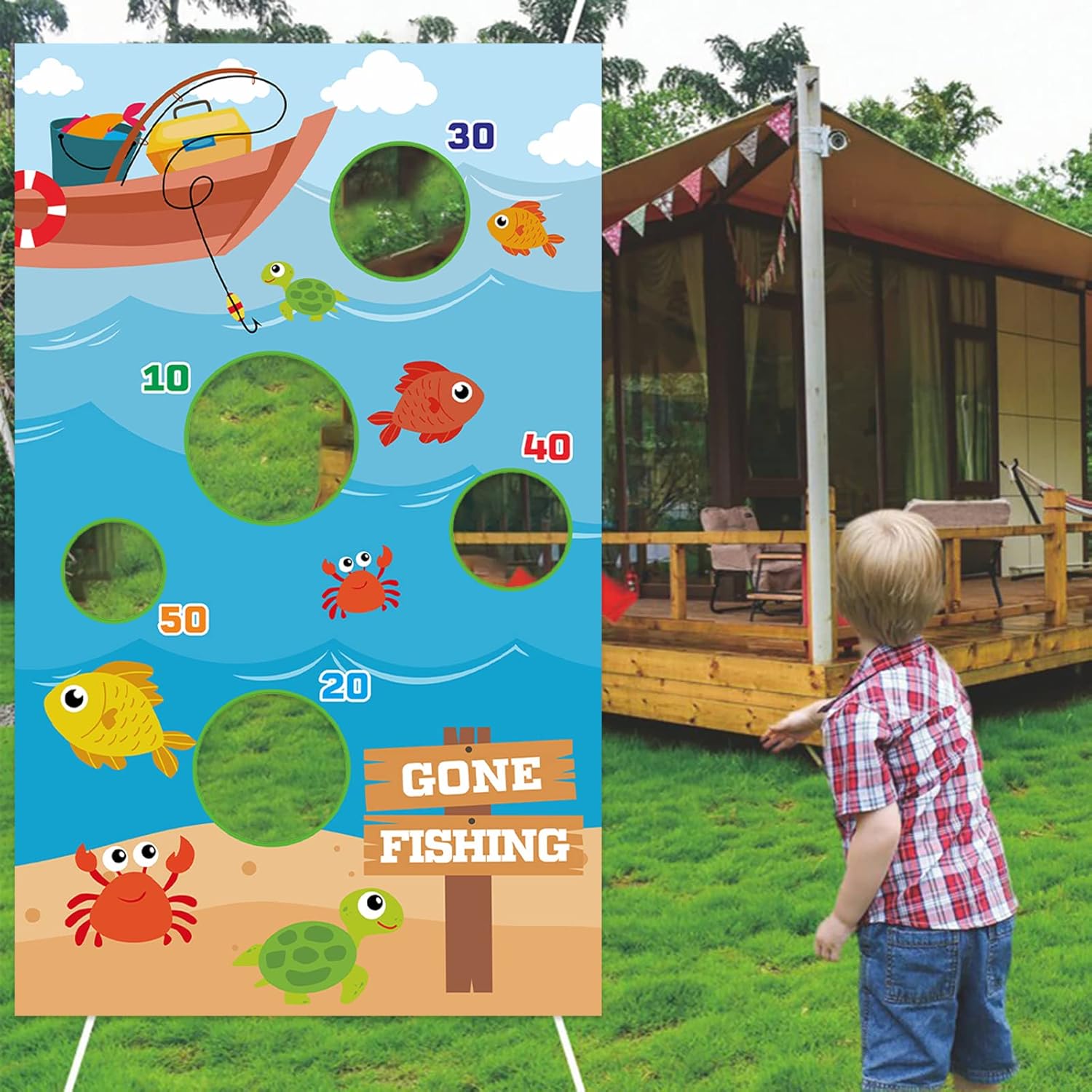 Gone Fishing Fisherman Toss Games Banner Backdrop - Fisher Fish Theme Decor for Indoor Outdoor Boys Girls Birthday Party & Baby Shower
