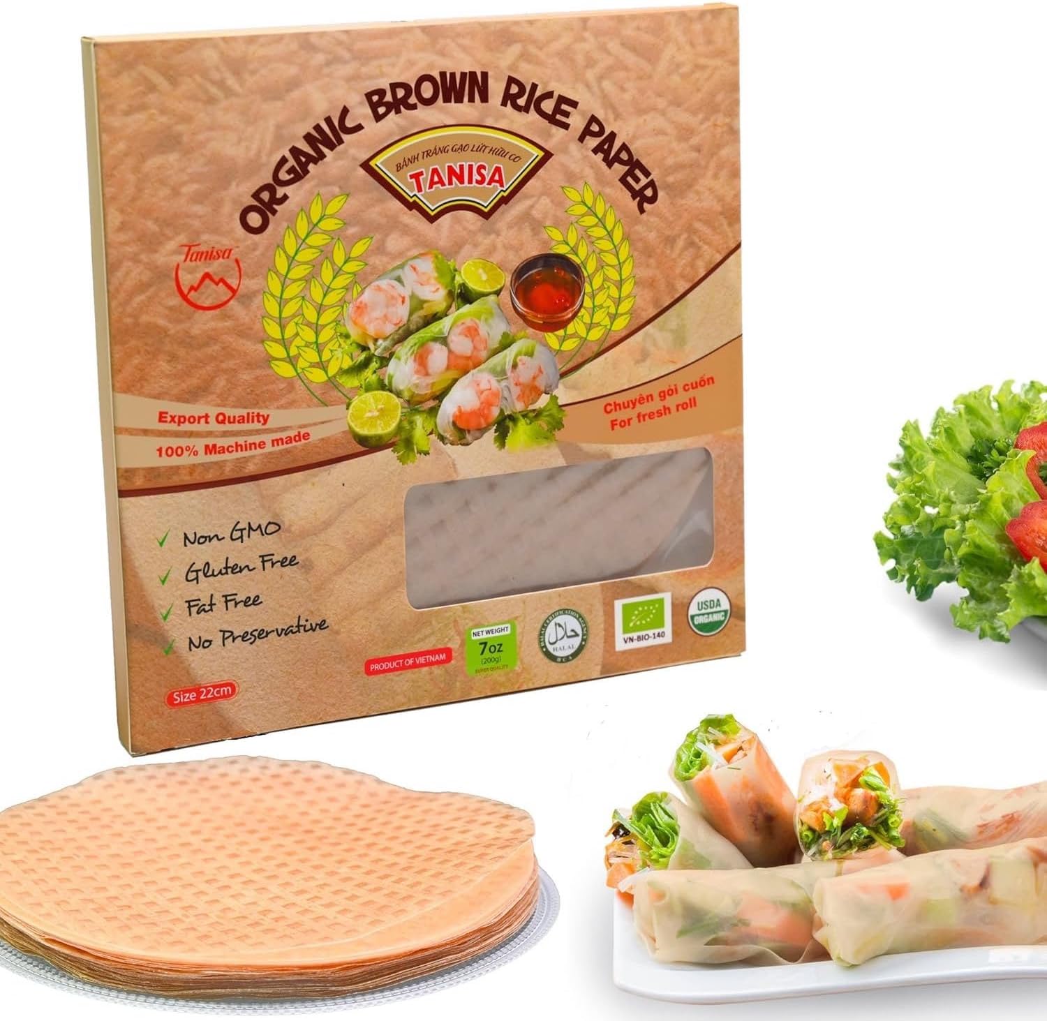 TANISA Organic Brown Rice Paper Wrapper, Healthy Gluten Free Spring Roll Rice Paper Wrappers Fresh Rolls