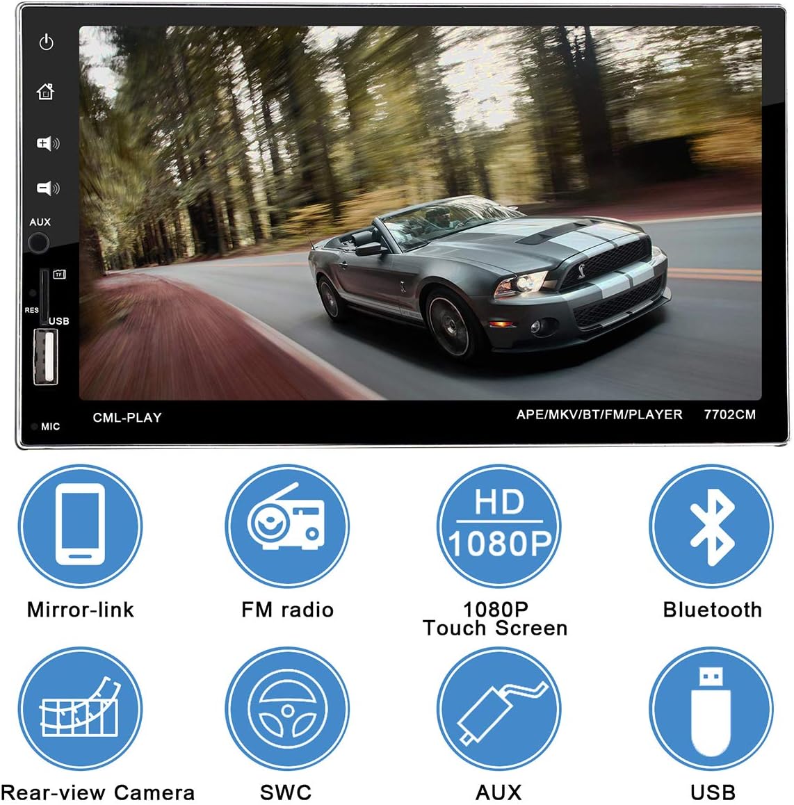 Full Touch Control Double Din Car Stereo with 7 Inch Capacitive Touchscreen and Bluetooth Handsfree, 2 Din Car Radio Receiver with Backup Camera, Mirror Link, Voice Assistant, Steering Wheel Control