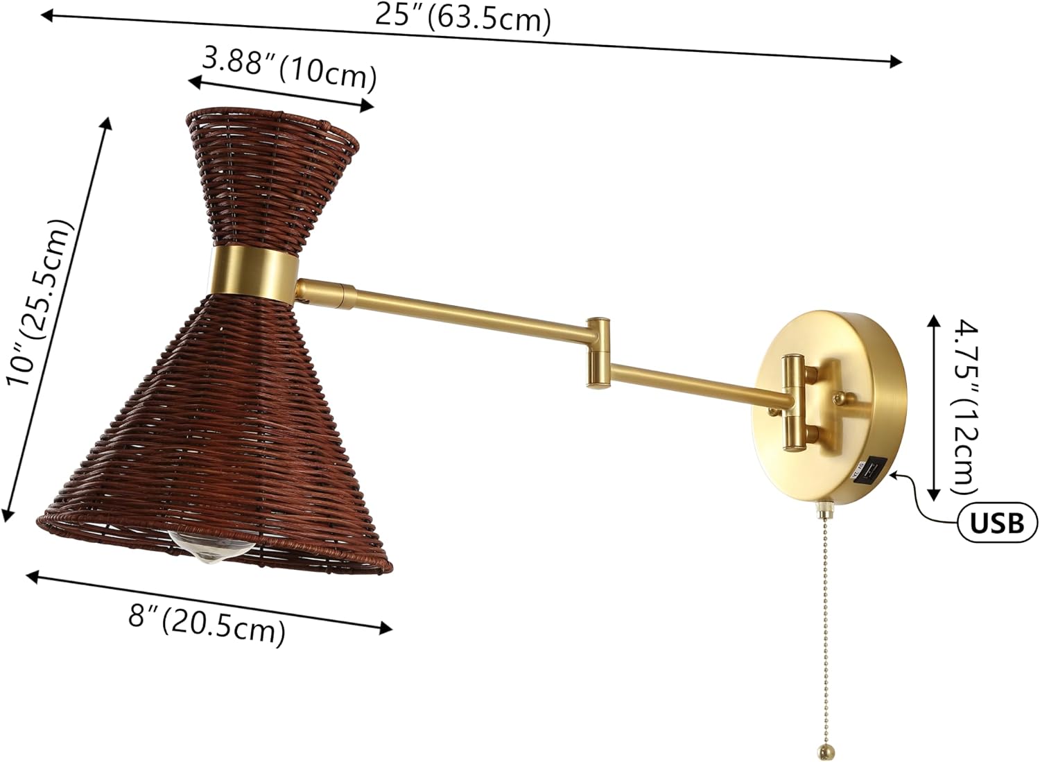 JONATHAN Y 25" Brass Gold/Dark 1-Light Brown Mid-Century Swing Arm LED Sconce with USB Port, Pull Chain Vintage Wall Lamp for Bedroom Living Room Decor, Light Brown Rattan Shade, LED Bulb (JYL1603B)