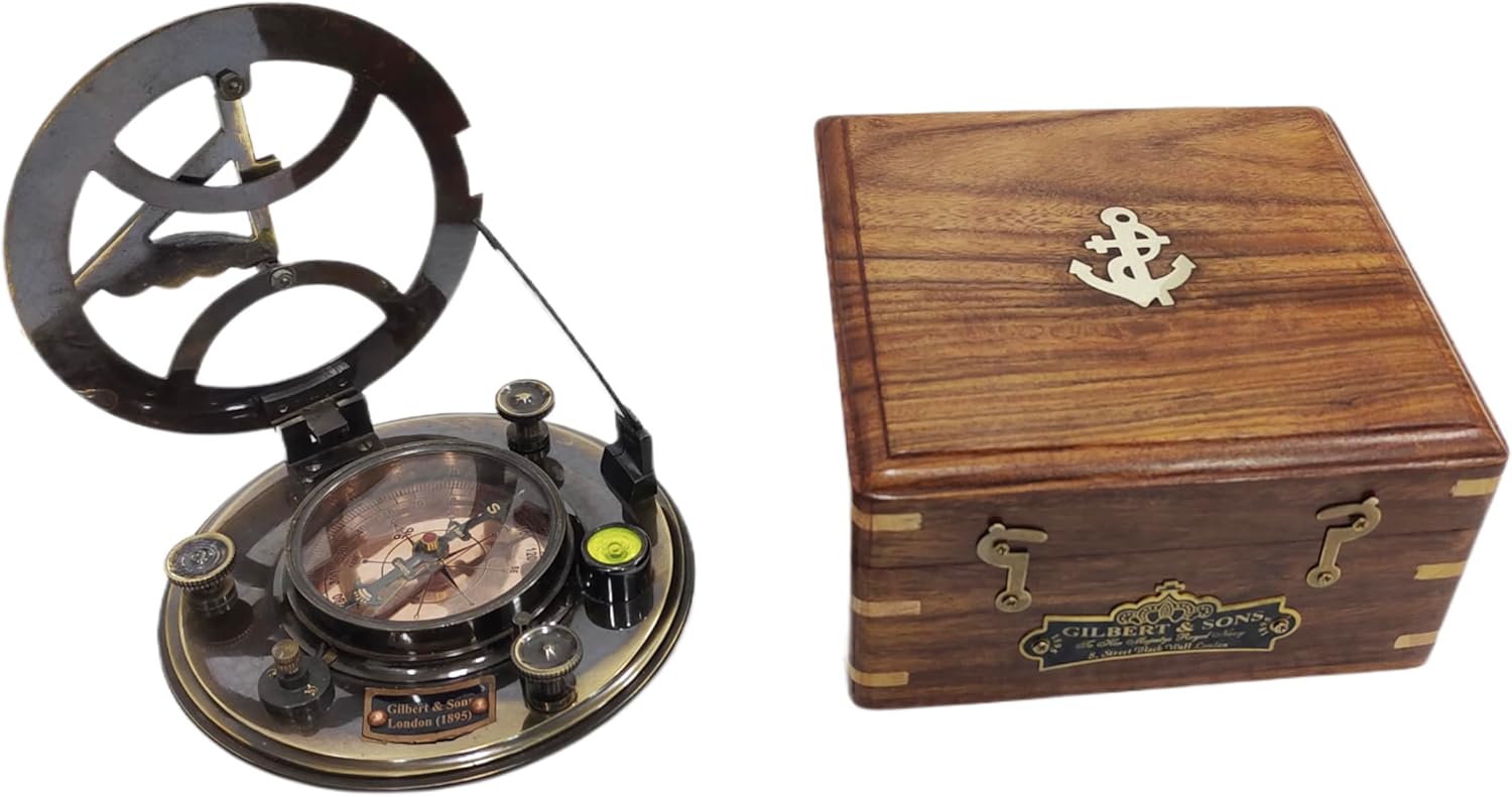 Premium Large Antique 5 Inch Sundial Compass with Rose Wooden Box Nautical Brass Home Decor Gifts Fully Functional