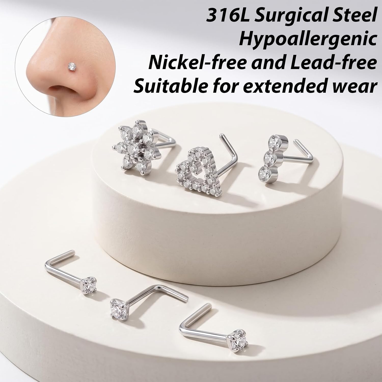 6PCS 20G Silver L Shaped Nose Studs, Stainless Steel Anti-Sensitive Nose Rings Stud, Threadless Push in Noses Studs L Shaped for Noses Ear, Suitable for Men Women
