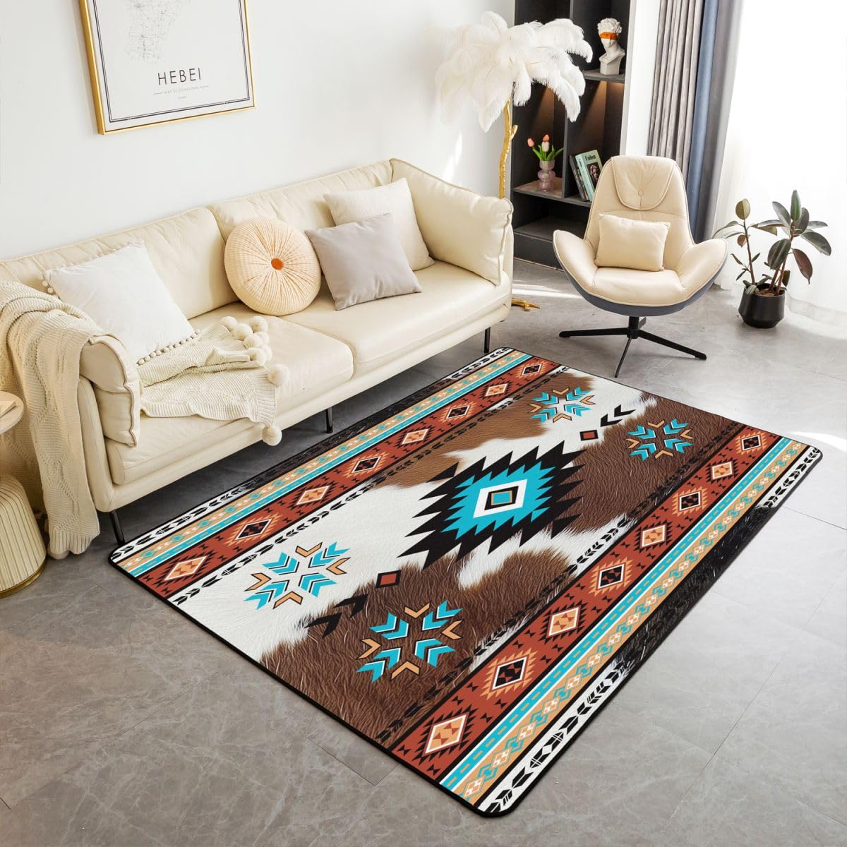 Homewish Aztecki dywan boho 100 x 150 cm do sypialni salonu - zachodnia skóra zwierząt gospodarskich nowoczesny dywan podłogowy turkusowy brązowy wzór duże dywany boho rustykalna skóra bydlęca nie