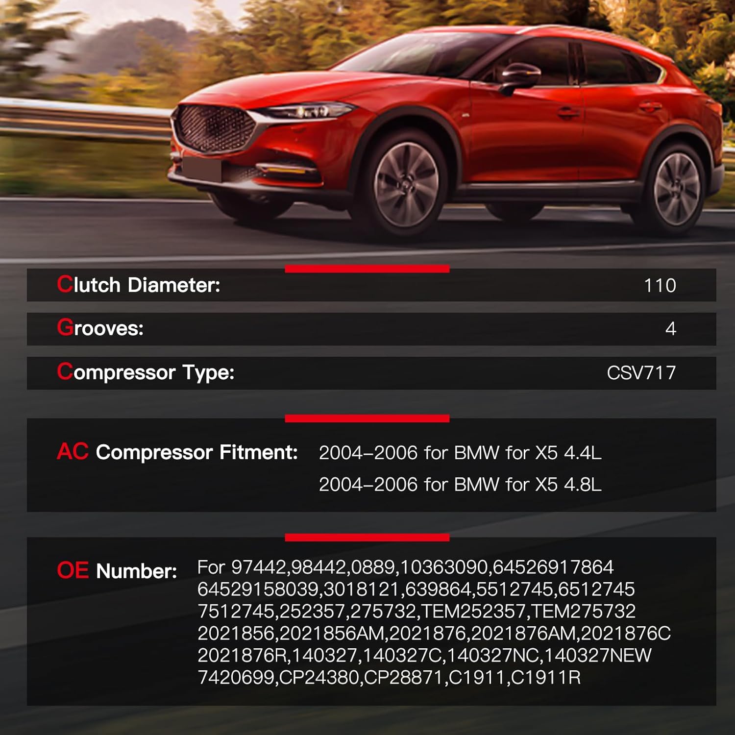 cciyu Air Conditioning Compressor for BMW X5 4.4L 4.8L 2004 2005 2006 Replaces AC Compressor with Clutch for Car 4 Grooves 97442 98442