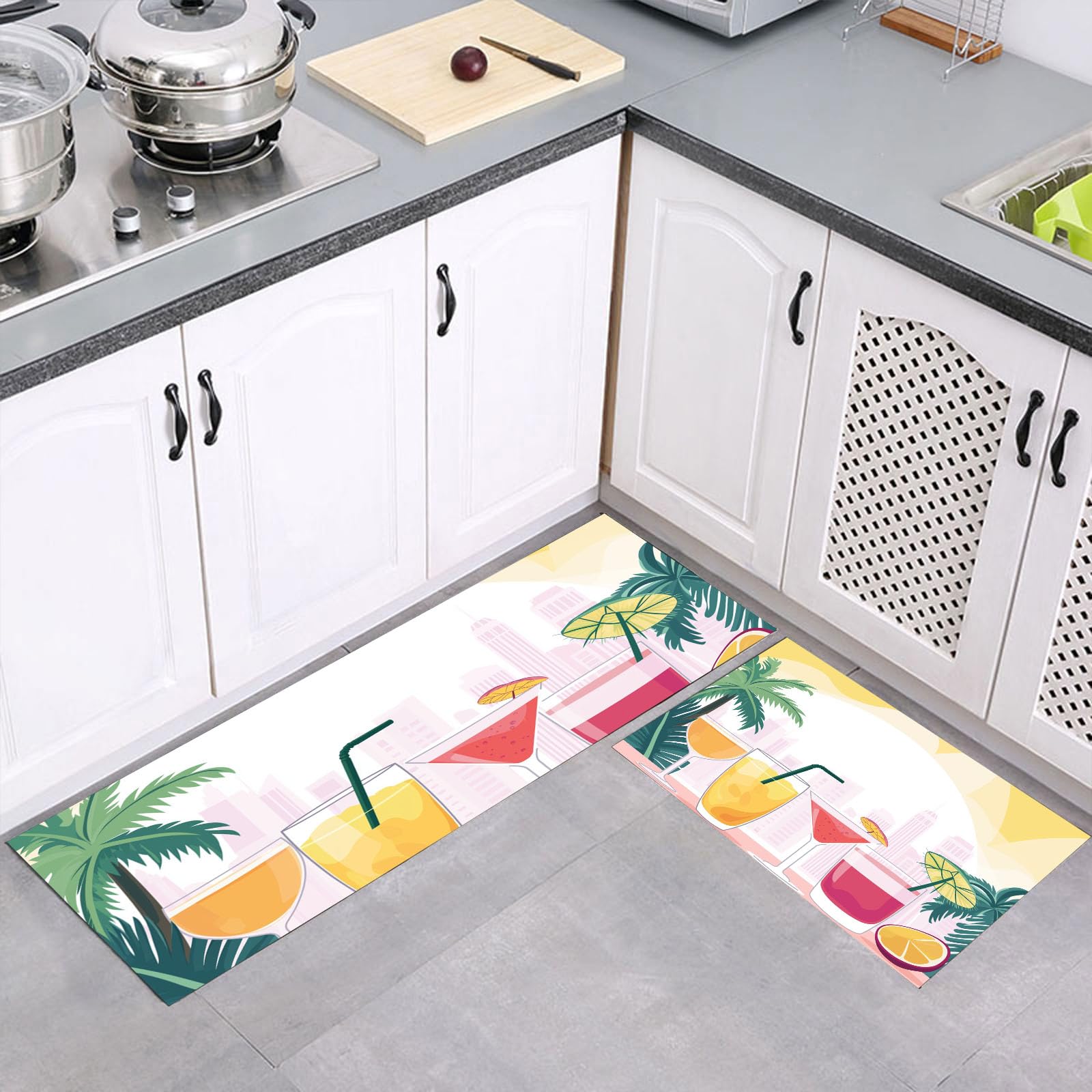 Almohadillas de cocina lavables: juego de 2 alfombrillas tropicales rosa amarillo