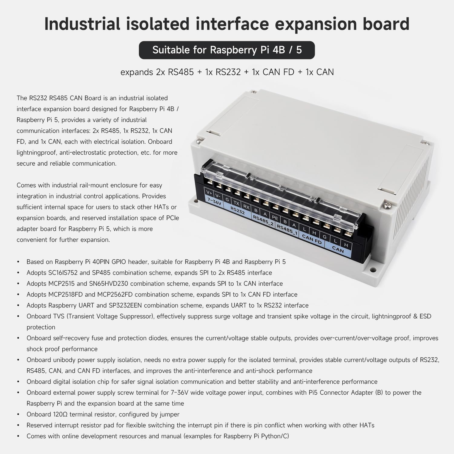 Waveshare Isolated RS232/RS485/CAN/CAN FD Expansion Board, Compatible with Raspberry Pi 5/4B, Expands 2X RS485, 1x RS232/CAN FD/CAN, Extending NVME/ETH/USB and 4G/5G by PCIe, Wall-mount & Rail-mount