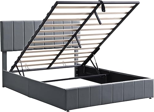 Miniatura 219 de Base de cama LED tapizada tamaño Queen, plataforma flotante de terciopelo con cabecero, MDF moderna y cama de madera contrachapada (beige-081)