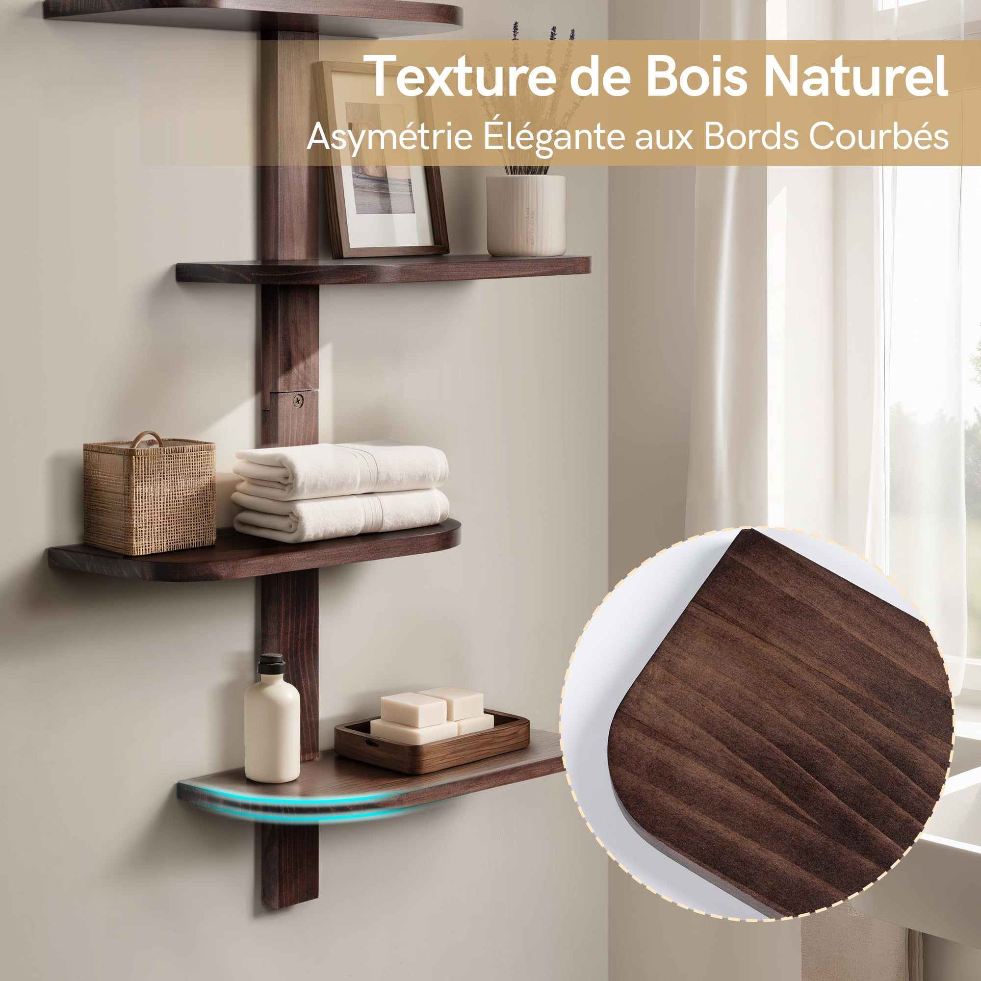 Afuly Étagère Murale Verticale 4 Niveaux en Bois Marron, Gain de Place | Bois massif, angles arrondis, rangement vertical pour plantes, livres et déco, salle de bain, cuisine et salon