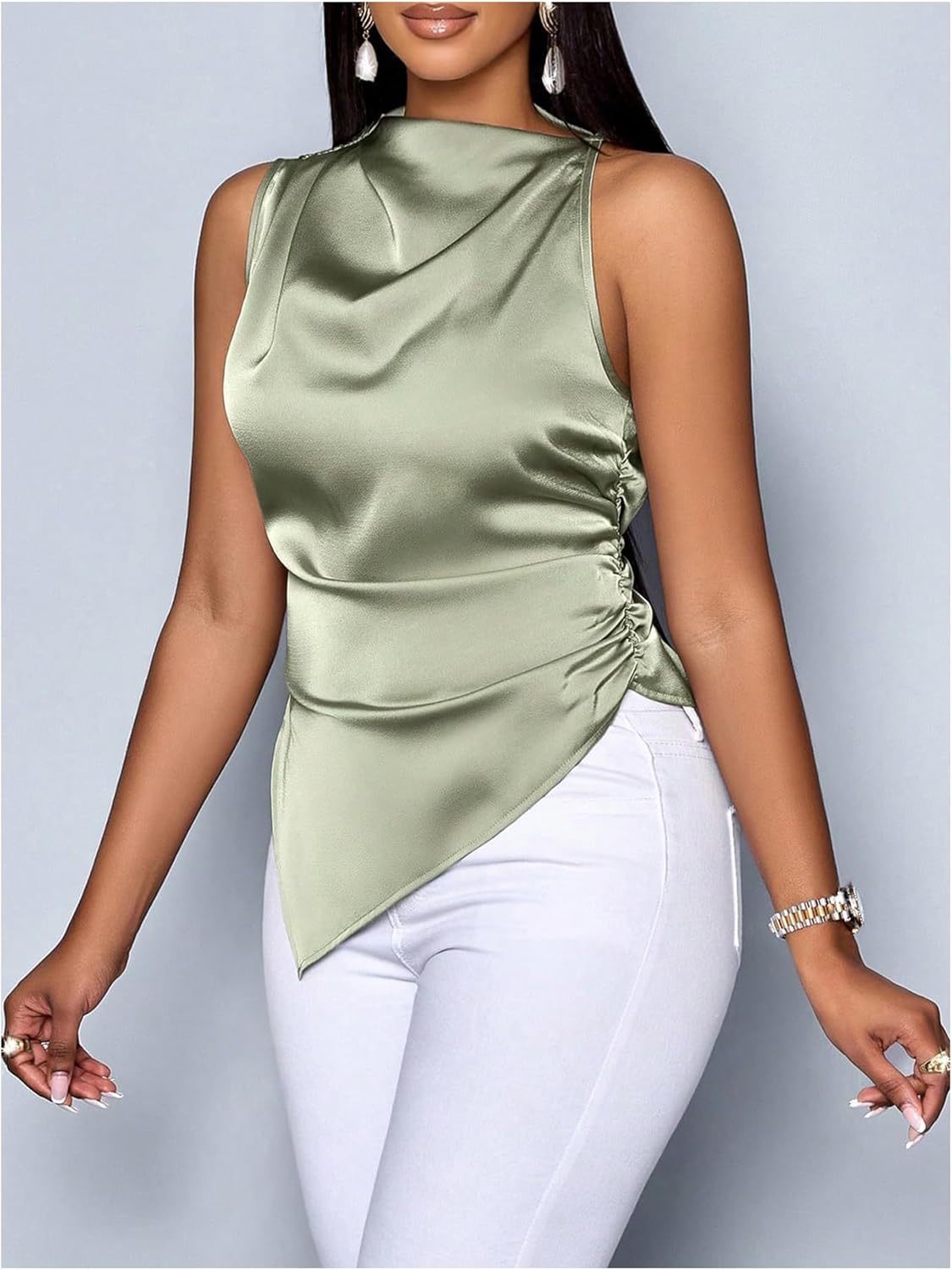 WDIRARA Women's Satin Sleeveless Blouses Shirt Asymmetrical Mock Neck Dressy Casual Tops - Image 4