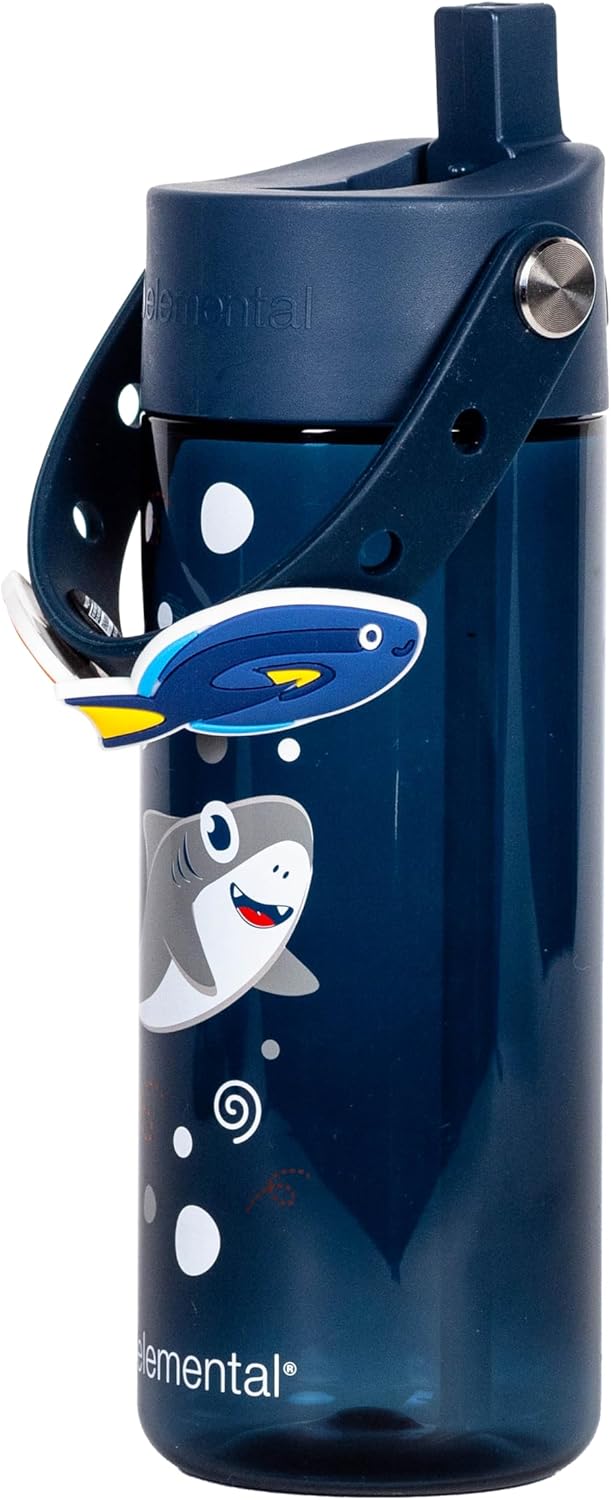 Elemental Water Bottles for Kids - Splash Kids Water Bottle for School with Fun Charm Handle - BPA Free Tritan Plastic Bottle with Straw Leak Proof When Spout is Closed - 18oz - Shark Friends - Image 4