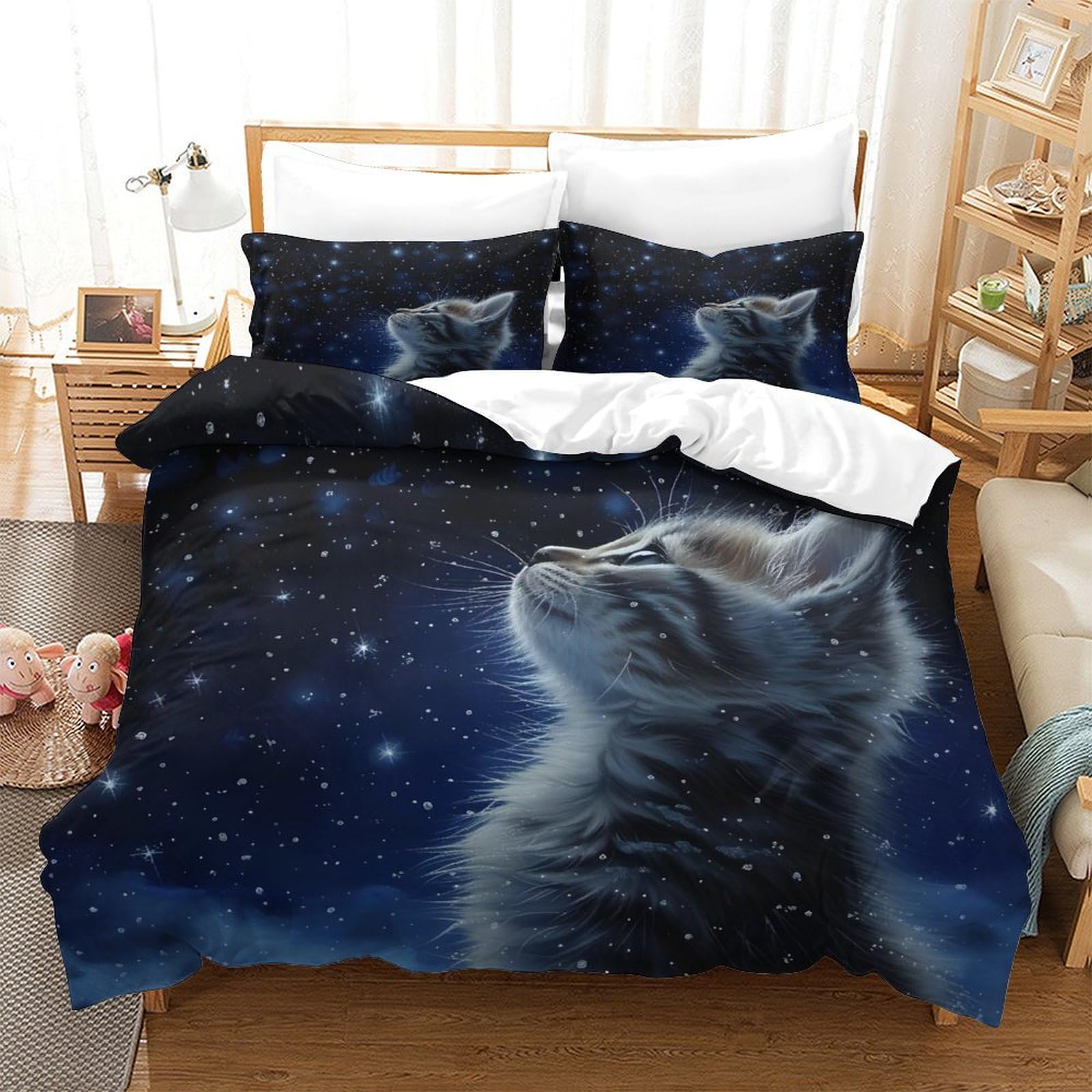 LIAOHENKAN Galaxy Cute Cat Full Size Duvet Cover Set for Teens Adults 3Pcs Ultra Soft Bedding with Zipper Closure Comforter Set Breathable Quilt Set for All Ages Single（140x200cm）