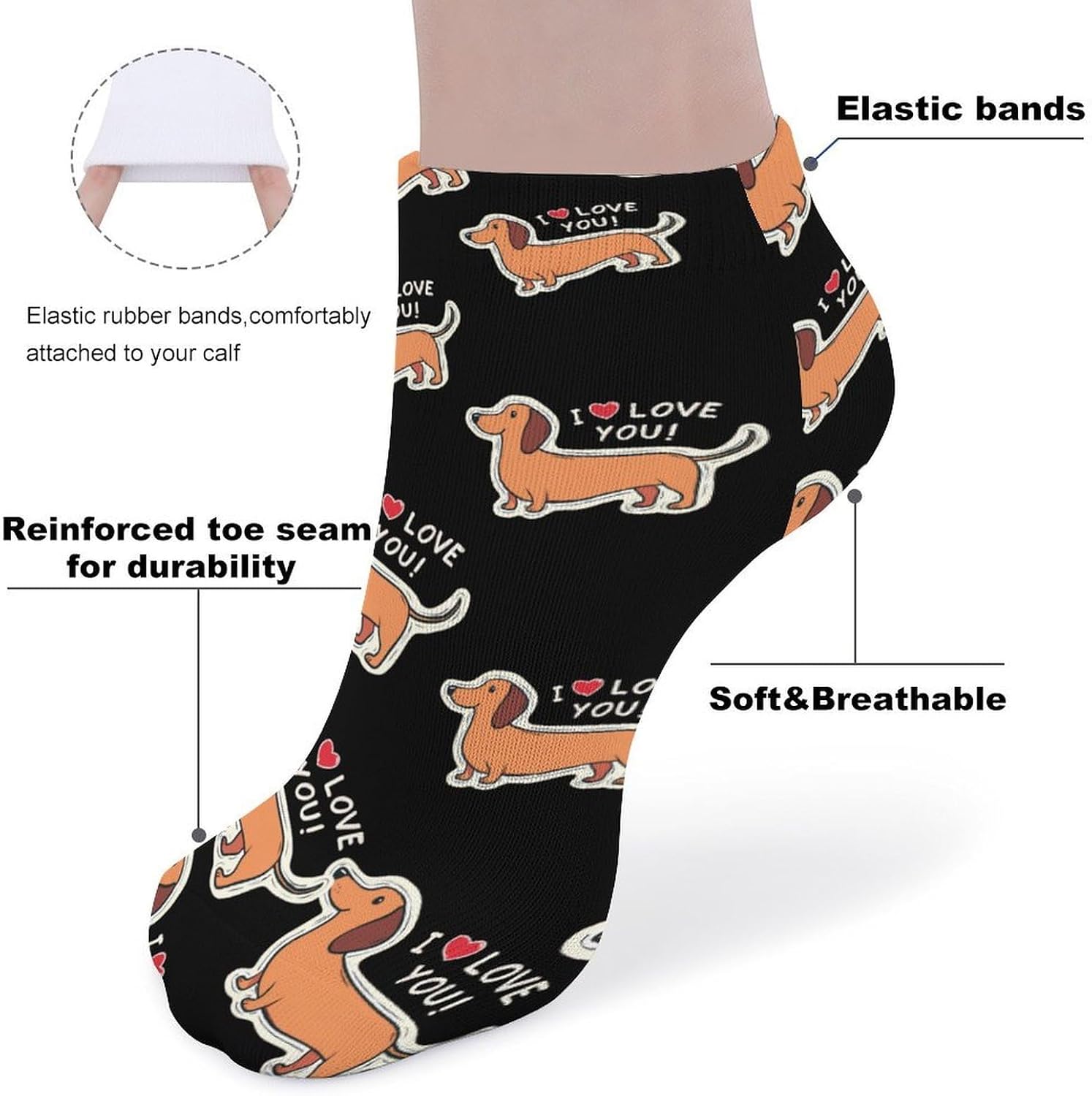 Dachshund I Love You No Show Ankle Socks Low Cut Non Slip Flat Boat Line 5 Pairs Set