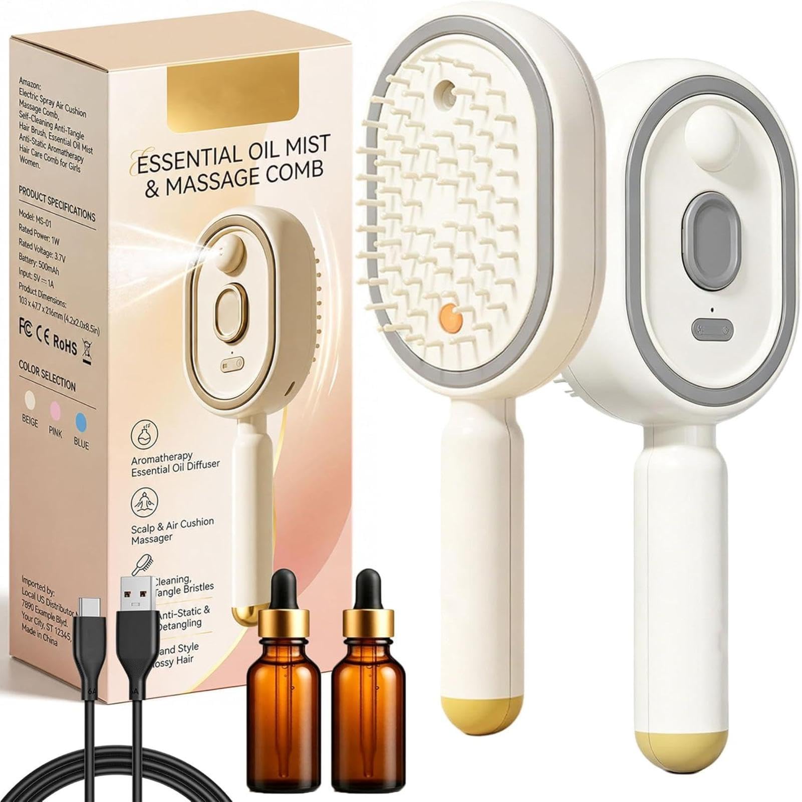 Brosse Vapeur Électrique - Brosse À Cheveux 2 En 1 Brumisateurs Avec Spray D'eau, Lisseur Vapeur Rechargeable Pour Cheveux Naturels, Peigne De Massage Rétractable À Coussin D'air, Anti-frisottis