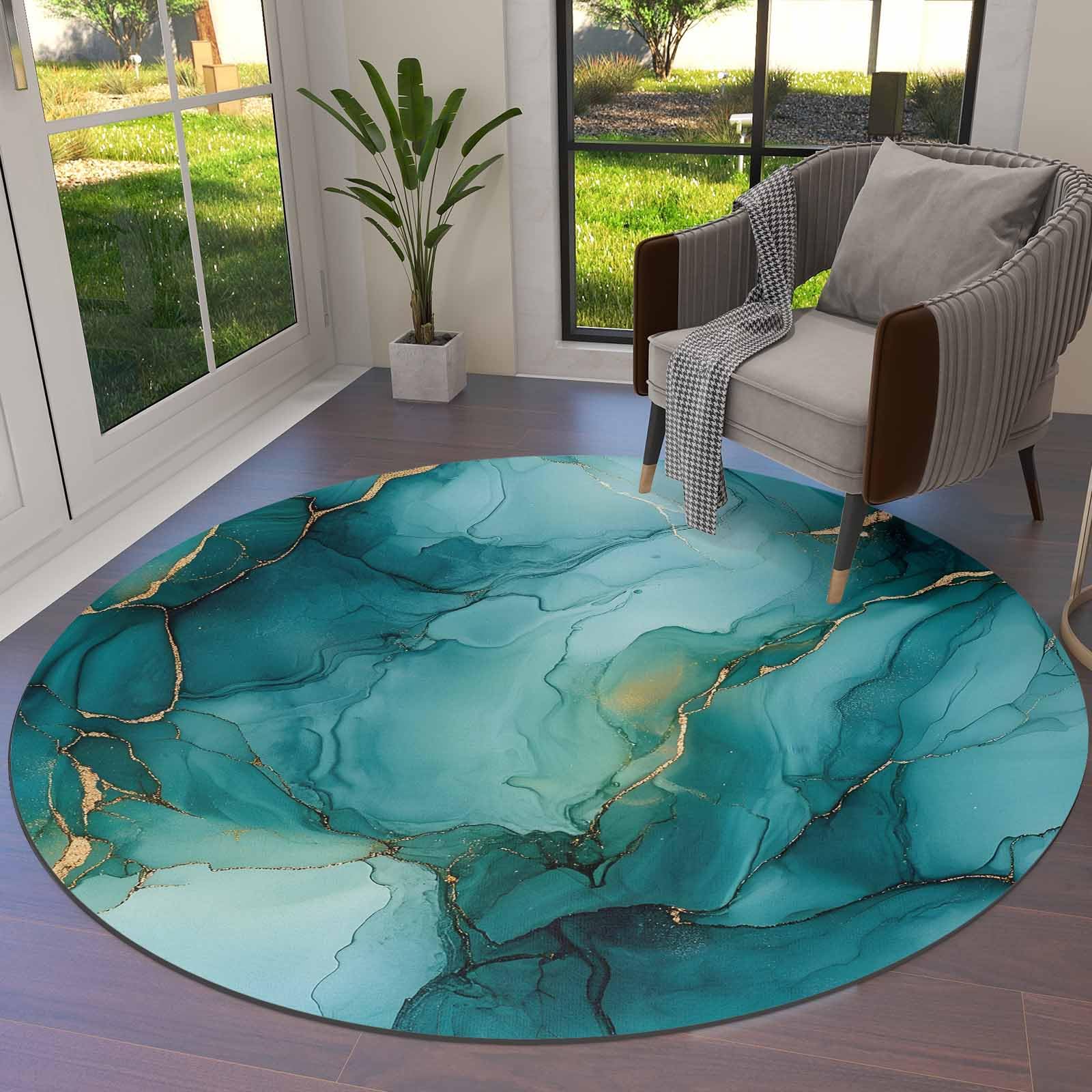 Huotupsine Turquoise Ombre Marble Round Area Rugs, Modern Ink Painting Abstract Non-Skid Children Playing Mat, 5ft Soft Circle Farmhouse Rugs for