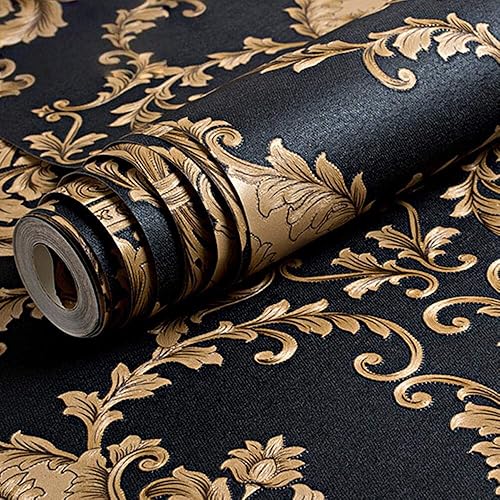 QIHANG - Rollo de papel pintado en relieve profundo de damasco negro clásico europeo para sala de estar, hotel, TV, telón de fondo de 1.7 ft x 32.8
