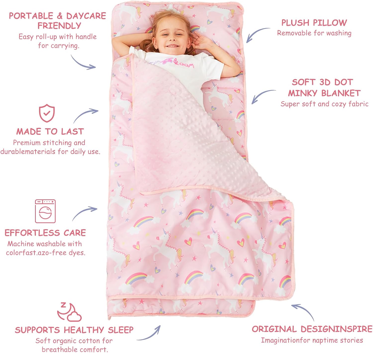 Toddler Nap Mat, Kids Sleeping Bag with Pillow & Minky Blanket, Boys Girls Extra Large Rolled Nap Mats for Preschool Daycare Camping Kindergarten
