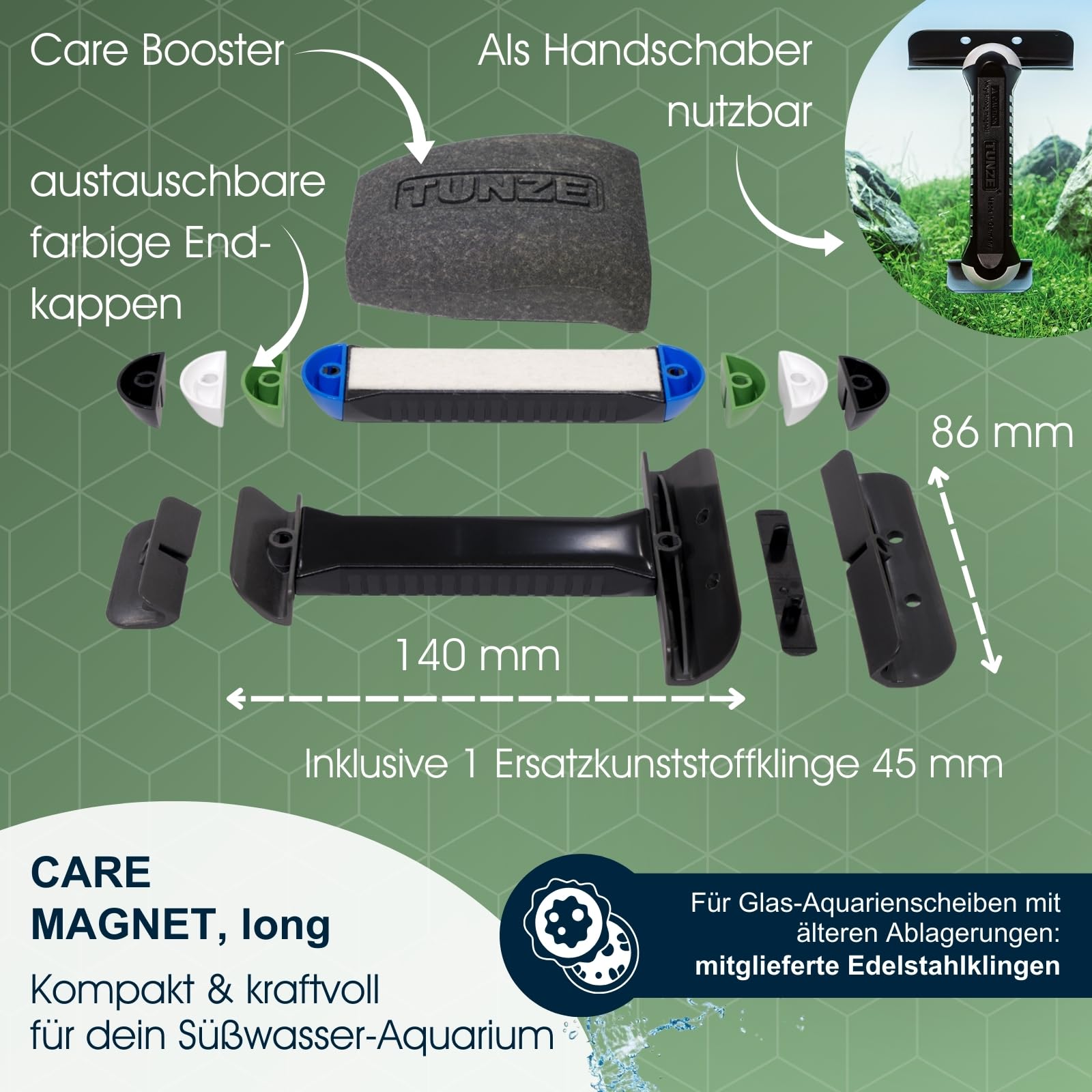 Tunze Care Magnet Long I Aquarienreiniger für 10-15 mm Glasstärke I schlanker Scheibenreiniger mit Abgerundeter Edelstahlklinge I Algenmagnet mit stark minimierter Kratzgefahr I Aquariumglas-Reiniger