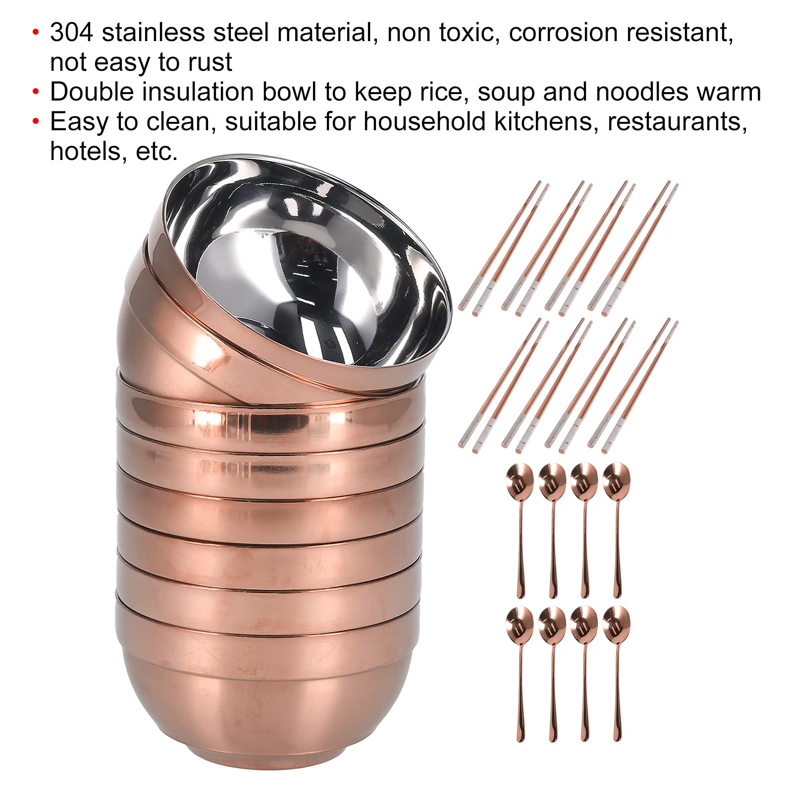 Zestaw łyżek do Misek Izolacyjna Zastawa Stołowa ze Stali Nierdzewnej do Domowej Restauracji Materiał 304 8 Sztuk (Różowe złoto)