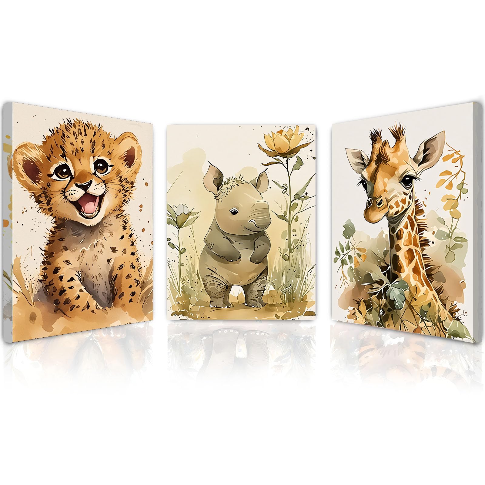 Qiukoo Set of 3 Framed Canvas Wall Art 12x16 inch – Safari Animal Prints with Hooks for Living Room and Bedroom – Modern Wall Art Decoration, Pictures for Walls, Nursery Artwork, Wall Decor — image 1