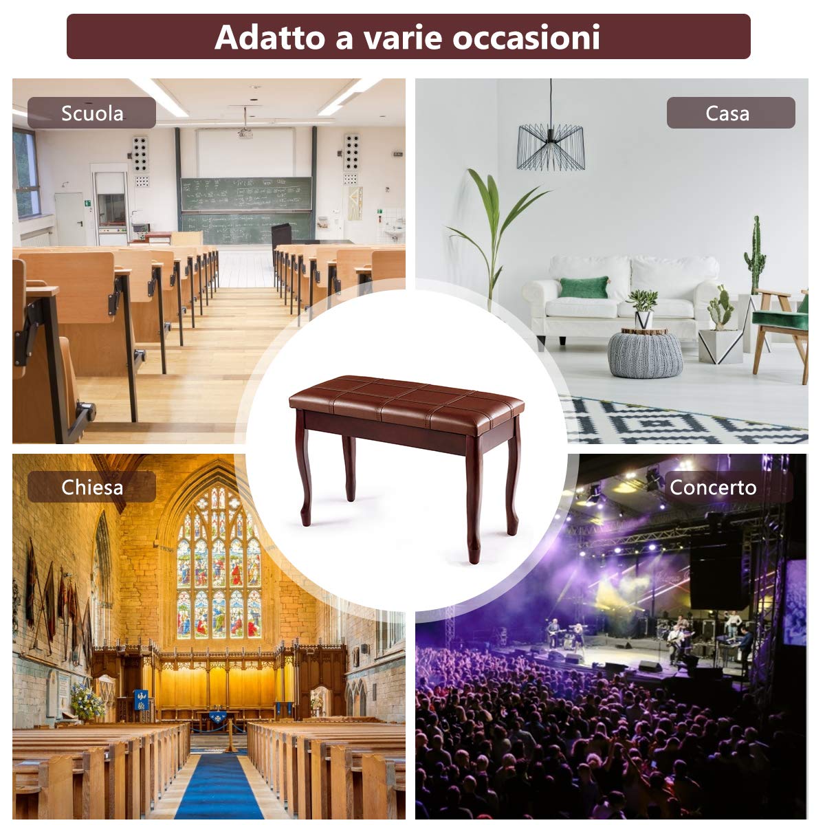 COSTWAY Panca per Piano Sgabello Panca Pianoforte, Cuscino Imbottito, con Scomparto di Immagazzinaggio, Costruzione in Legno Massiccio Rigido (Marrone)