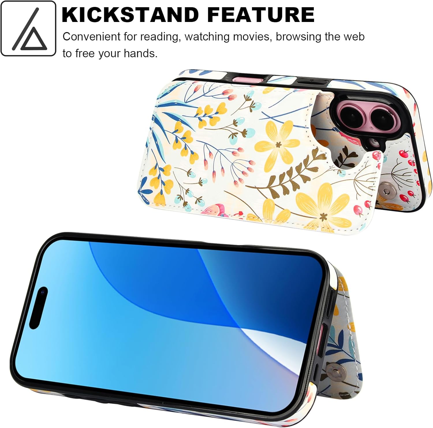 HAOPINSH for iPhone 16 Wallet Case with Card Holder, Floral Flower Pattern Back Flip Folio PU Leather Kickstand Card Slots Case for Women Girls, Double Magnetic Clasp Shockproof Cover 6.1" - Image 5