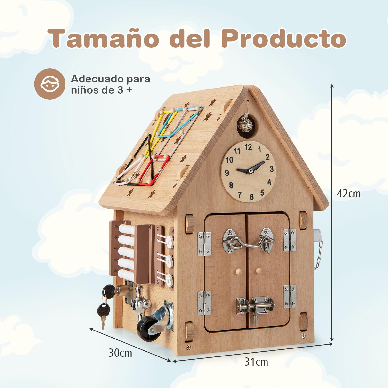 COSTWAY Casa de Juguetes de Madera, Casita de Actividades Multiusos con Juegos Sensoriales y Espacio de Almacenamiento Interior, Juguete Educativo para Niños y Niñas a Partir de 3 Años