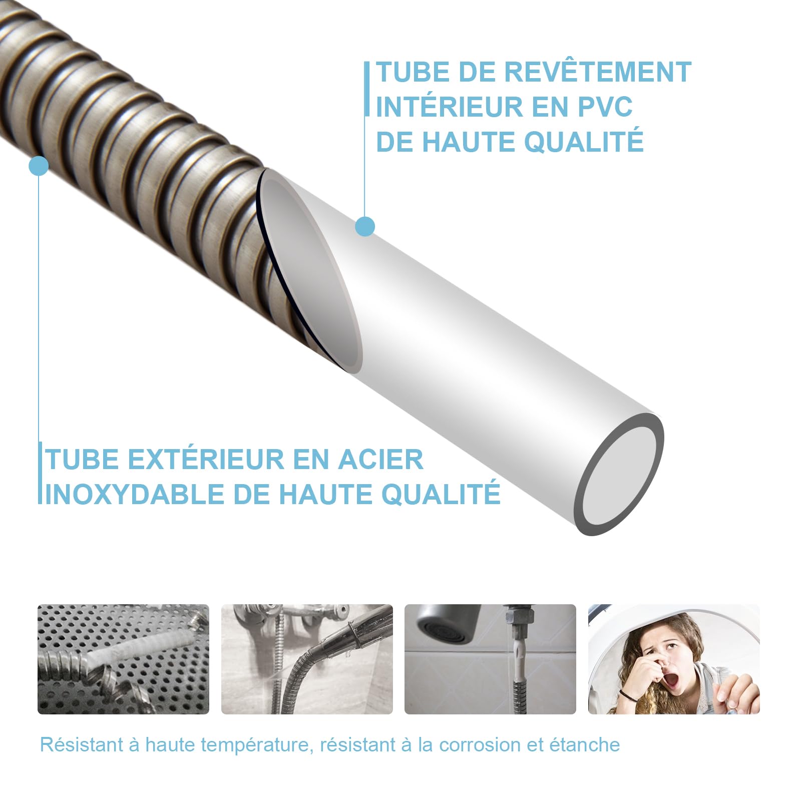 OFFO Flexible Douche 2m, avec Protection Anti-Torsion,Tuyau Douche en Acier Inoxydable, Remplacement du Flexible de Douche, pour Robinetterie de Salle de Bains, Nickel Brossé