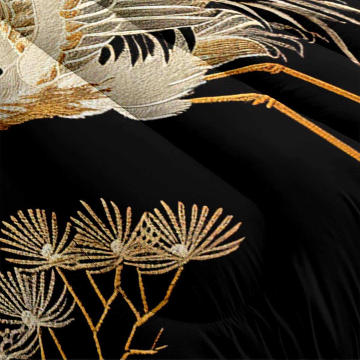 CCoutueChen Japanese Style Comforter Set Queen Size Black Gold Pine and Crane Bedding Set 3D Vintage Chinoiserie Printing Bedding White Golden Bird Tree Comforter Ultra Soft Lightweight Microfiber