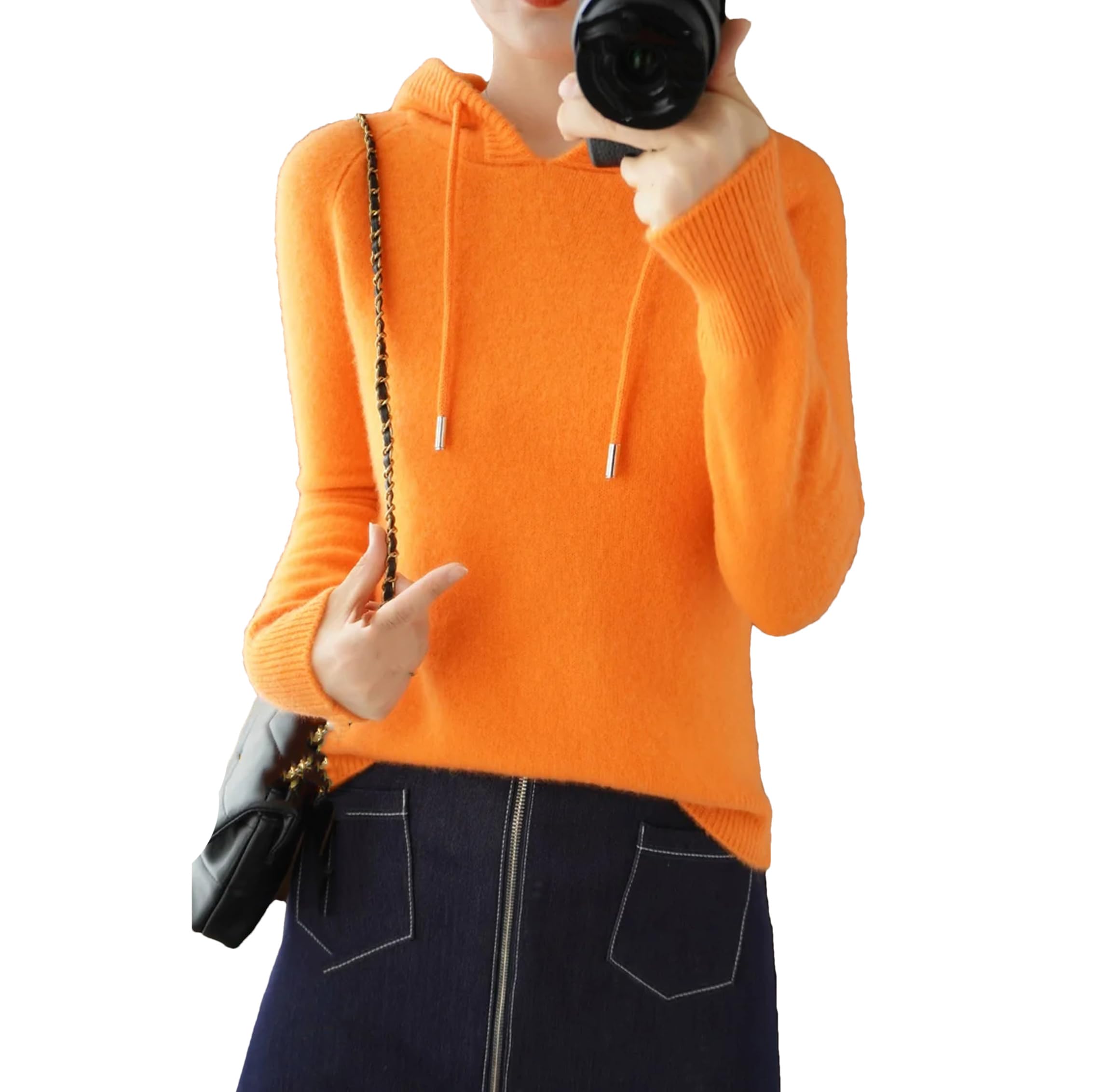 Yeuyyben Maglione invernale con cappuccio da donna Maglione in cashmere con cappuccio caldo allentato maglione in cashmere con cappuccio da donna arancione, Arancione, XS