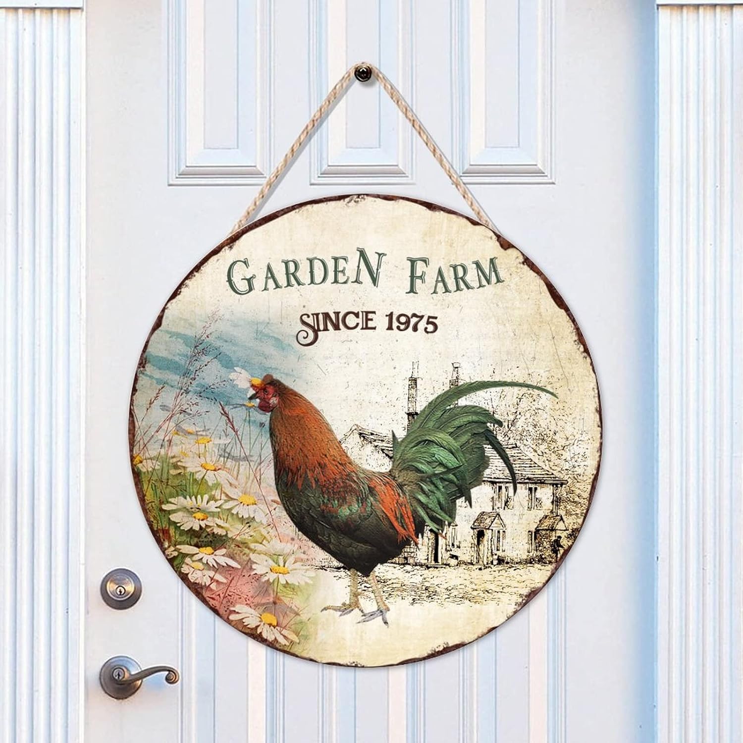 Rustic Wall Hanging Sign Plaque, Garden Farm Since 1975 Wood Door Sign, Farmhouse 16x16in Front Door Sign Decor for Outdoor Front Porch Farmhouse Housewarming Gifts