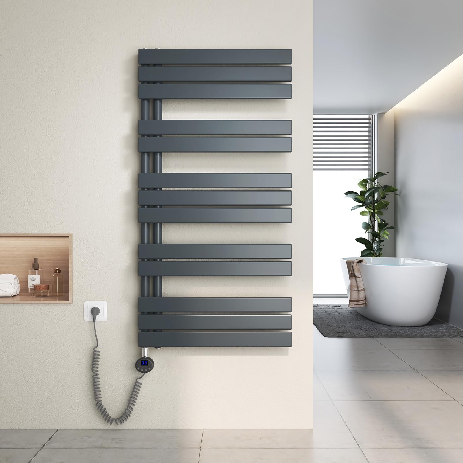Heilmetz seche Serviette Electrique 600 x 1176 mm,avec élément Chauffant thermostatique et Fonction minuterie, radiateur sèche Serviette Plat Heilmetz seche Serviette Electrique 600 x 1176 mm,avec élément Chauffant thermostatique et Fonction minuterie, radiateur sèche Serviette Plat