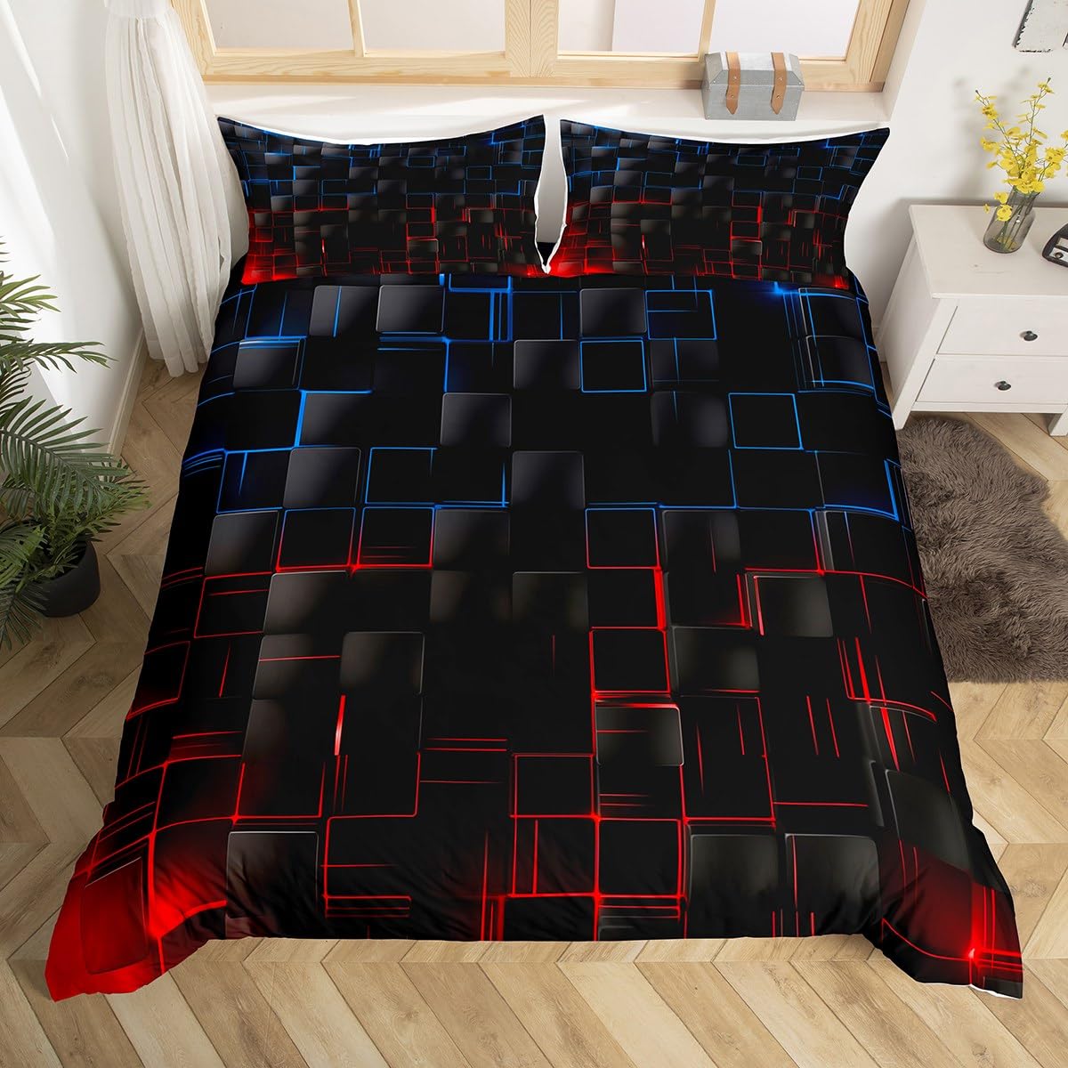 Manfei Blue Red Checkered Duvet Cover Set Twin Size, Geometric Grid Plaid Bedding Cover, Women Men Room Decor, Modern Abstract Check Black Square Bed