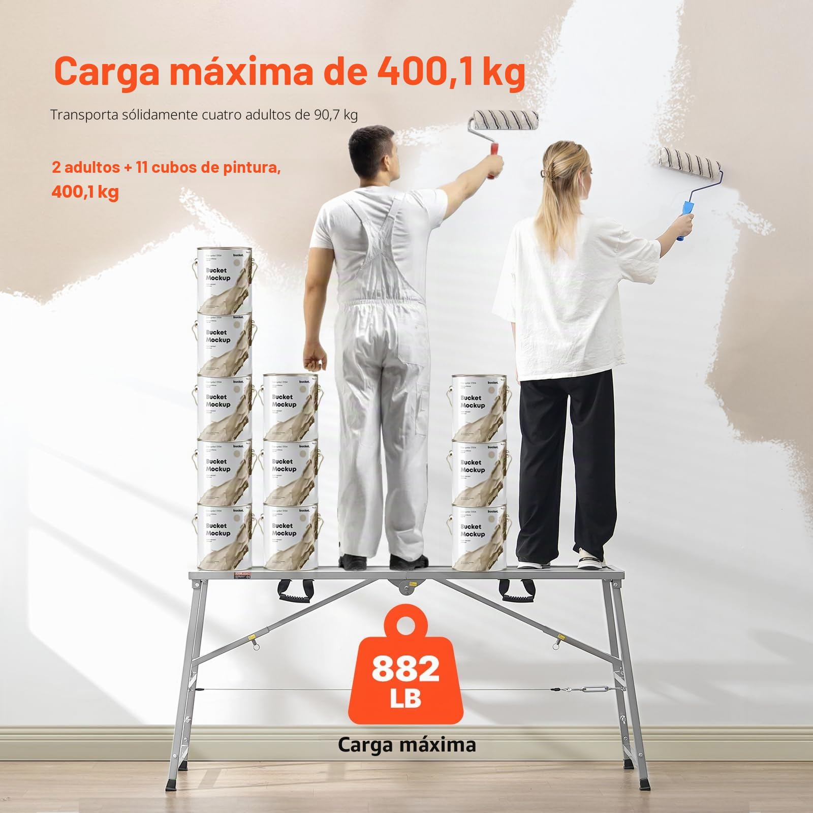 VEVOR Plataforma de Trabajo, Altura Ajustable de 4 Velocidades 80-130 cm, Escalera de Acero de Aleación Plegable, Carga de 400 kg, Pies de Goma Antideslizantes, para Pintar Paneles de Yeso, Limpieza