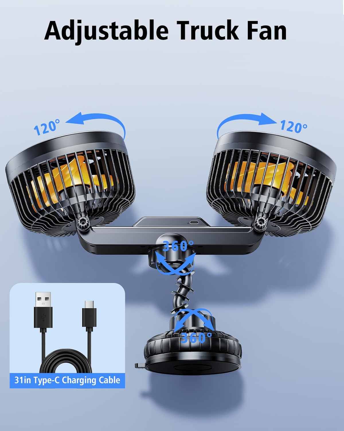 Dual Head Suction Cup Car Cooling Fan for Window Dashboard, 4000Mah Battery Powered Rechargeable USB Car Fans That Blow Cold Air, Cooler for Semi Truck Rv Van Tractor Cab Vehicles without Ac