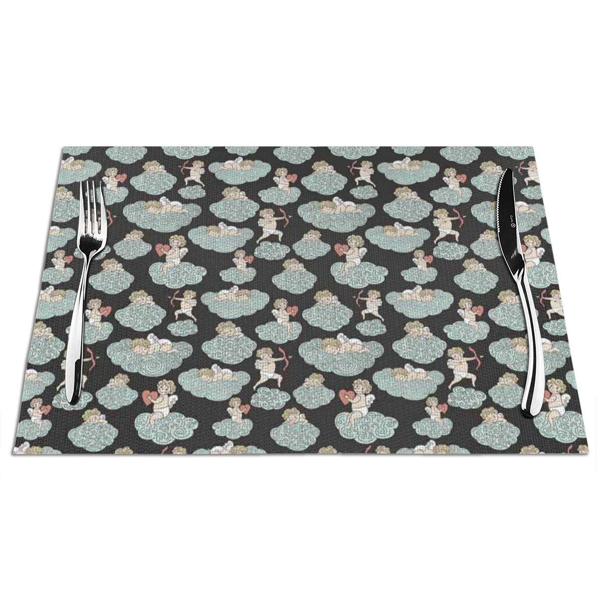 GULTMEE Placemats Heat-Resistant Stain Resistant Anti-Skid Washable PVC Table Mats,Cute Angel with Bow Heart and Arrow Love On Clouds Eros Cupid Kids 1 PCS