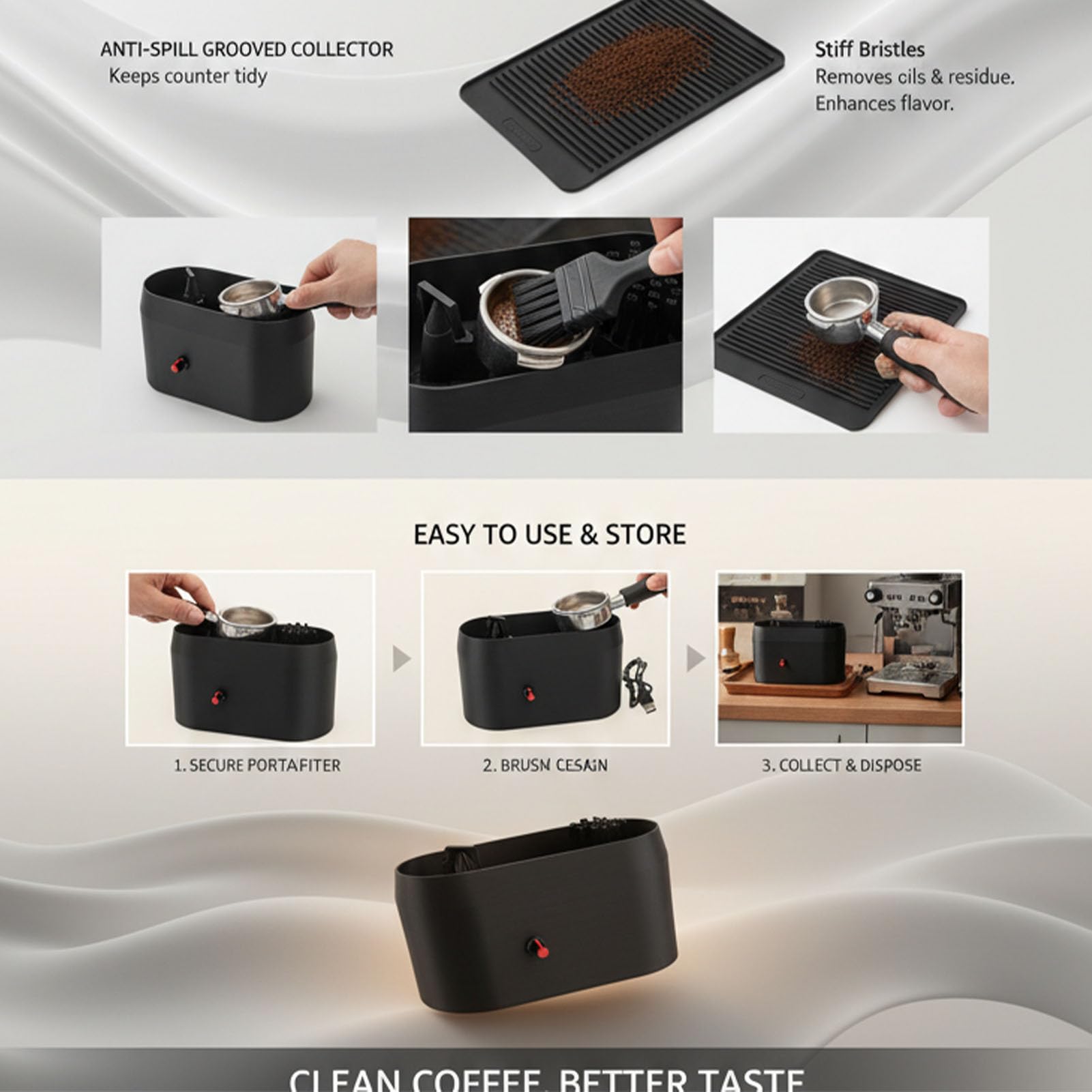 Limpiador eléctrico de portafiltros de café, herramienta de limpieza de cerdas duras para máquinas de café caseras y portafiltros, prevención y mantenimiento eficientes de derrames