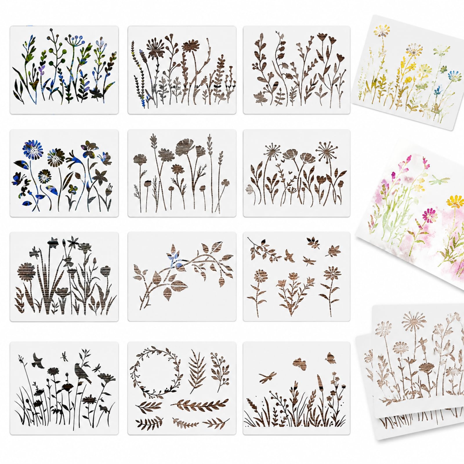 12 Pcs Reusable Flower Stencils, Wildflower and Leaf Painting Templates, Nature Floral Drawing Stencils for DIY Wood, Fabric, Walls, Canvas and Craft Projects, 15 x 12 cm / 5.9 x 4.7 in