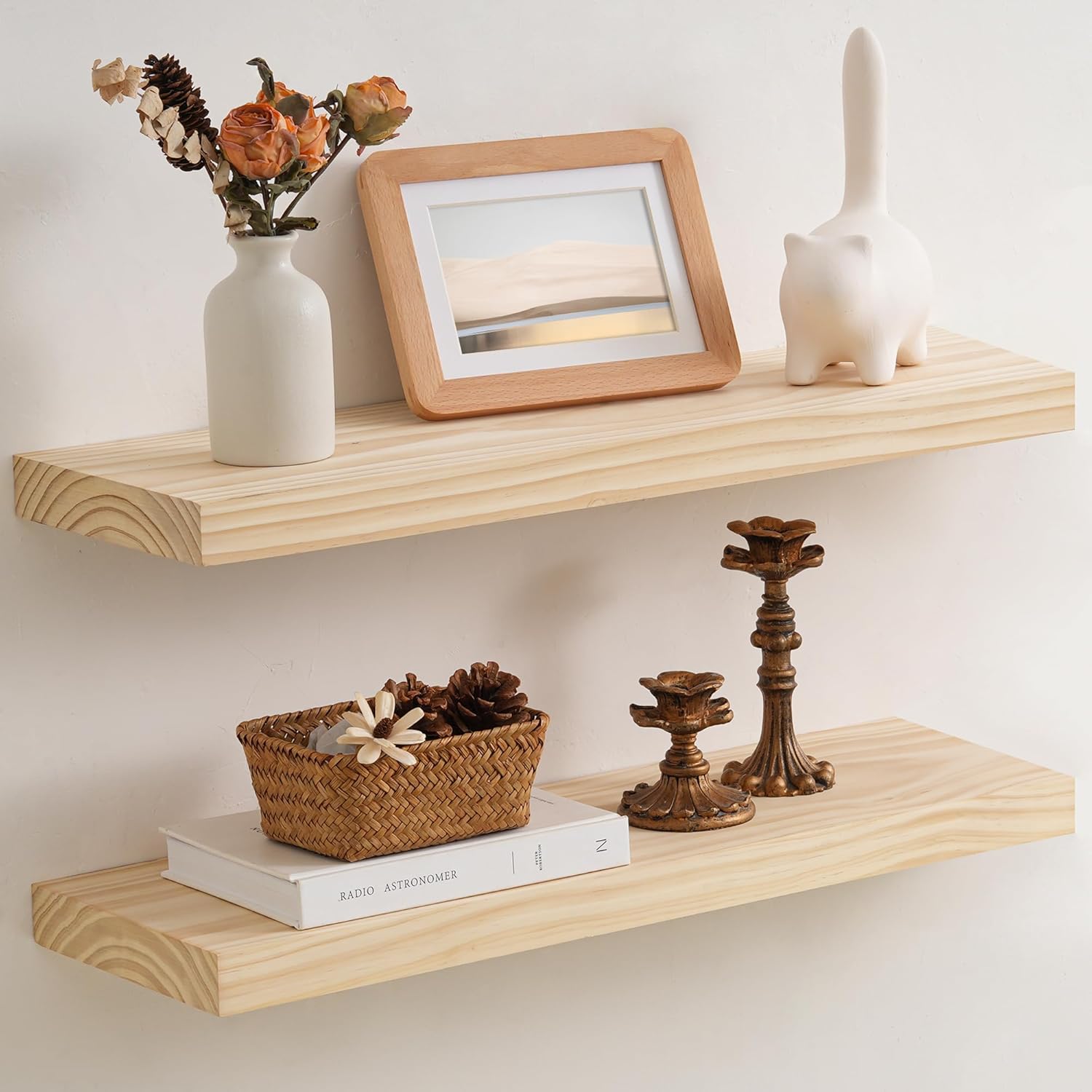 Fun Memories Farmhouse Floating Shelves - 8 Inch Deep Rustic Wood Wall Shelf - Premium Solid Wood Storage Shelf - 24" W x 8" D - Set of 2 - No Stain - Natural Unfinished for DIY