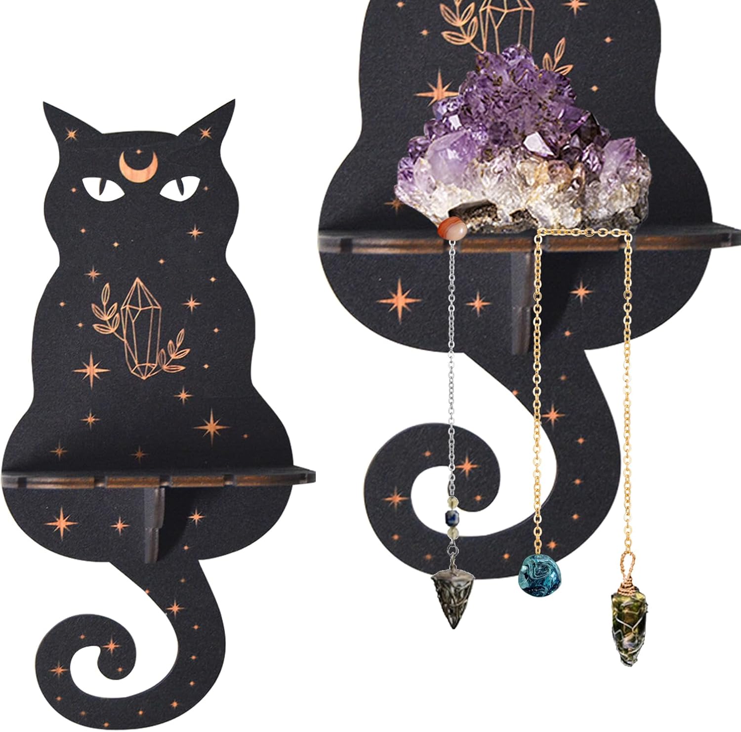 Black Crystal Display Shelf with Crystal Pendulum Holder, Witch Bat Moth Stuff, Wooden Kit, Hanging Rustic Stand