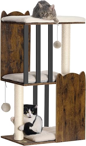 Condominio moderno de 35.4 pulgadas con 3 niveles, postes rascadores para gatos de interior, plato grande, dos postes rascadores de sisal completo,