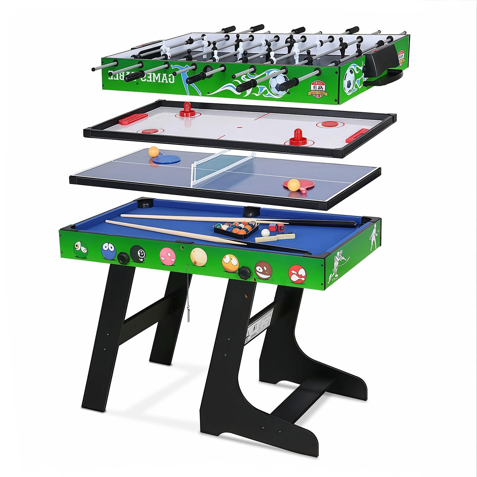 Table multijeux 4 en 1 - Babyfoot de 1,2 m/Air Hockey/Ping-Pong avec Accessoires/Billard Pliable - Idéal pour Une soirée Jeux en Famille en intérieur (103 x 58 x 73 cm).