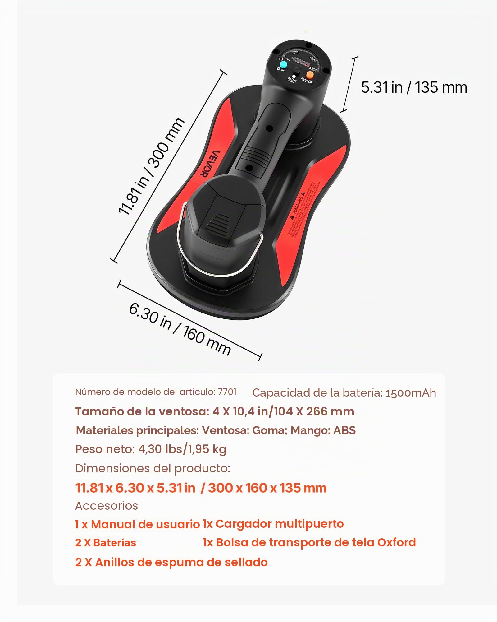 VEVOR Ventosa Eléctrica de Vacío 1 Pieza Capacidad de Carga Máx. 170 kg, Ventosa de Elevación con Pantalla Digital Mango ABS, 2 Baterías de 1500 mAh, Elevador de Succión para Cristal Granito Azulejos